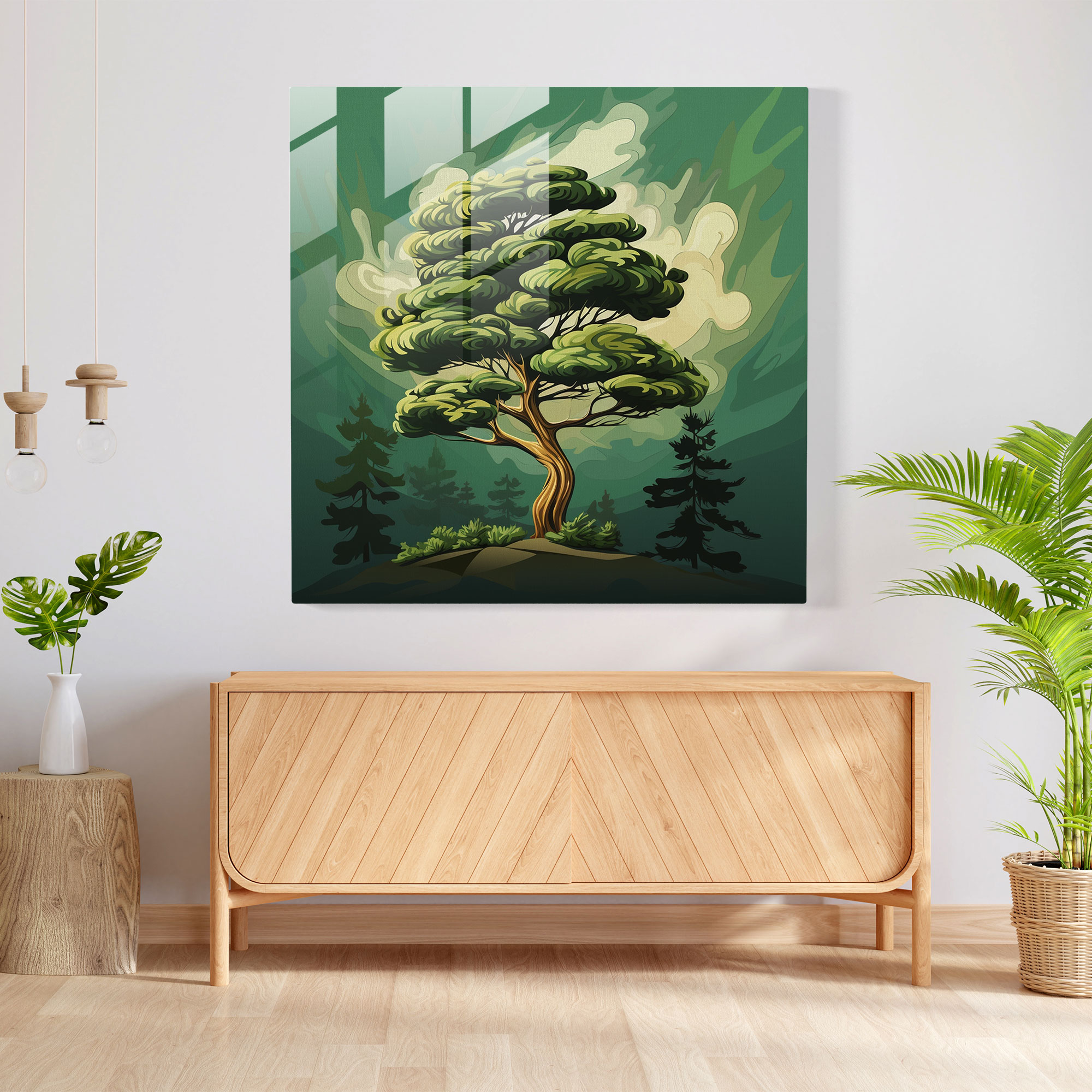 Green Pine Modern Art Glass Print - Green Pine, Glass Print, Contemporary, Wall Decoration