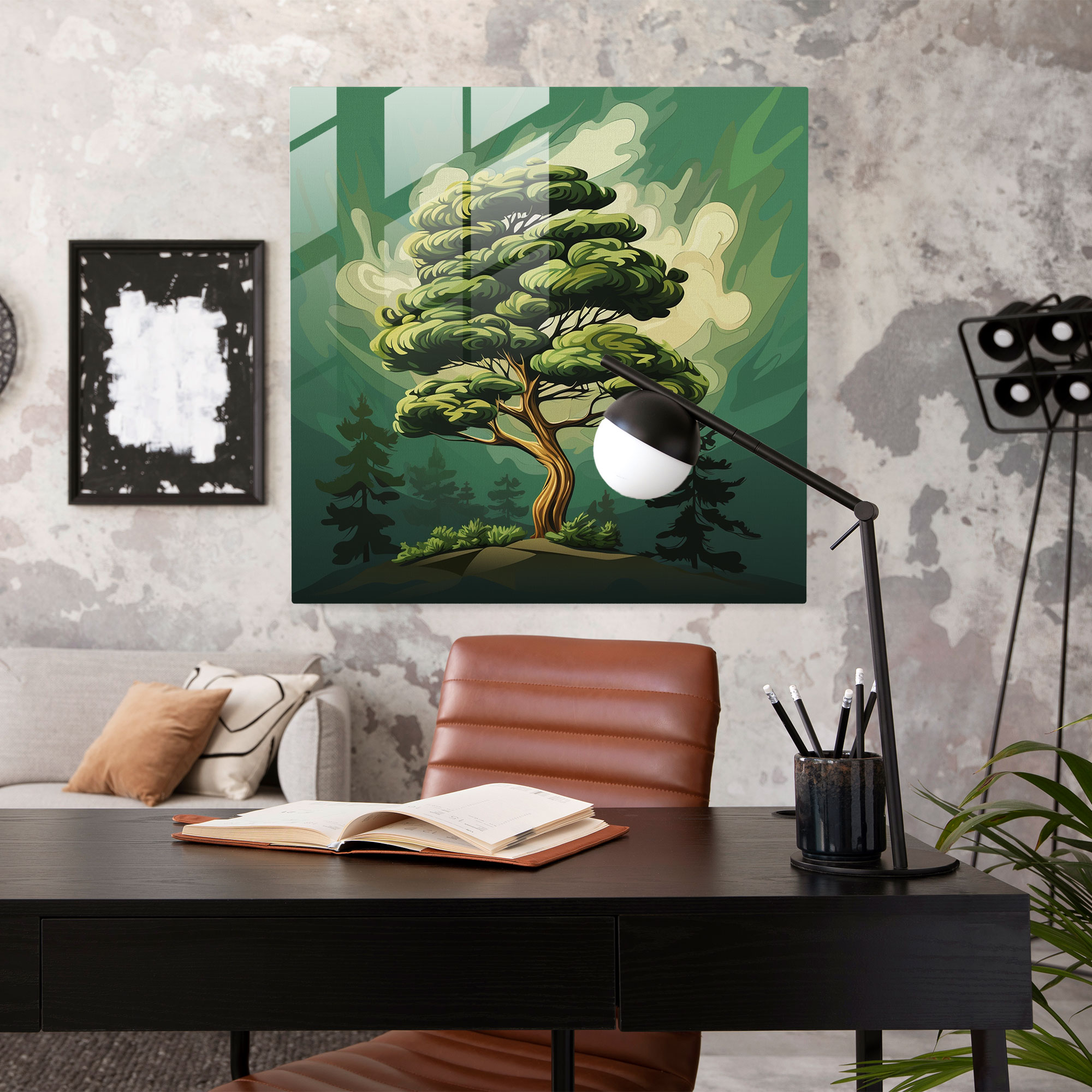 Green Pine Modern Art Glass Print - Green Pine, Glass Print, Contemporary, Wall Decoration