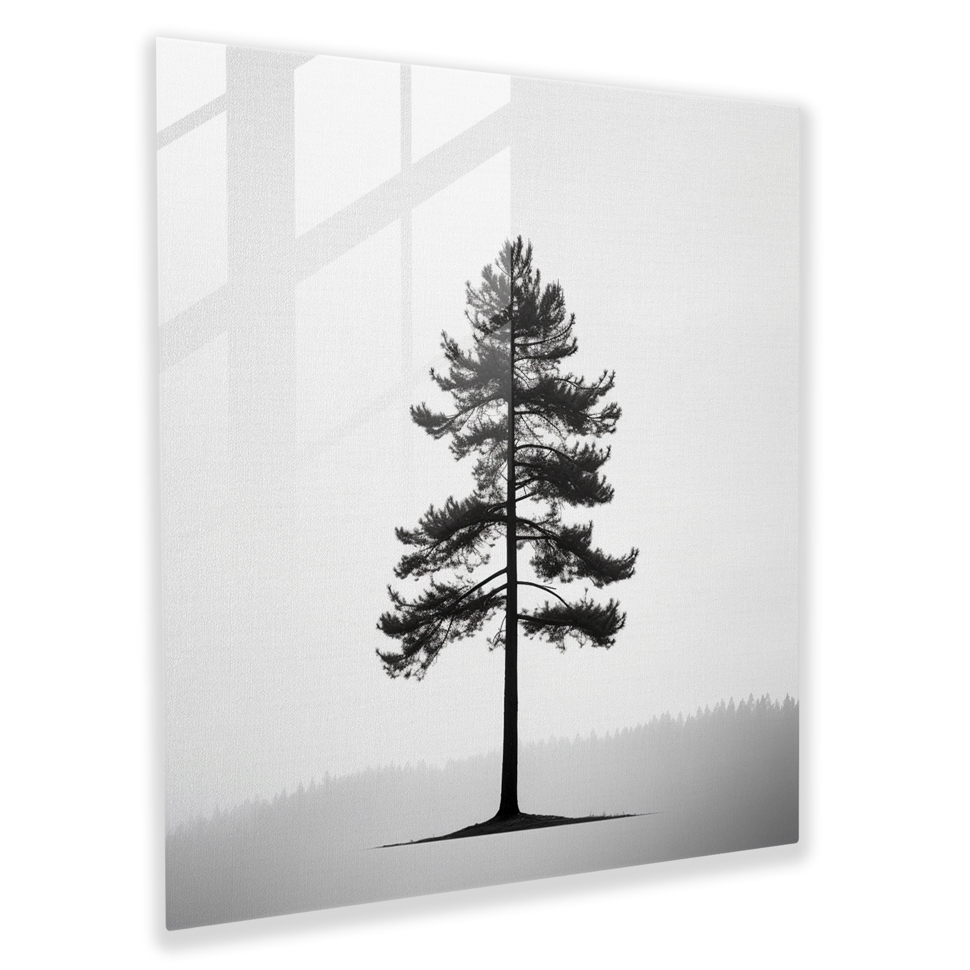 Green Pine Minimalist Glass Print - Green Pine, Black And White, Wall Decoration, Glass Art