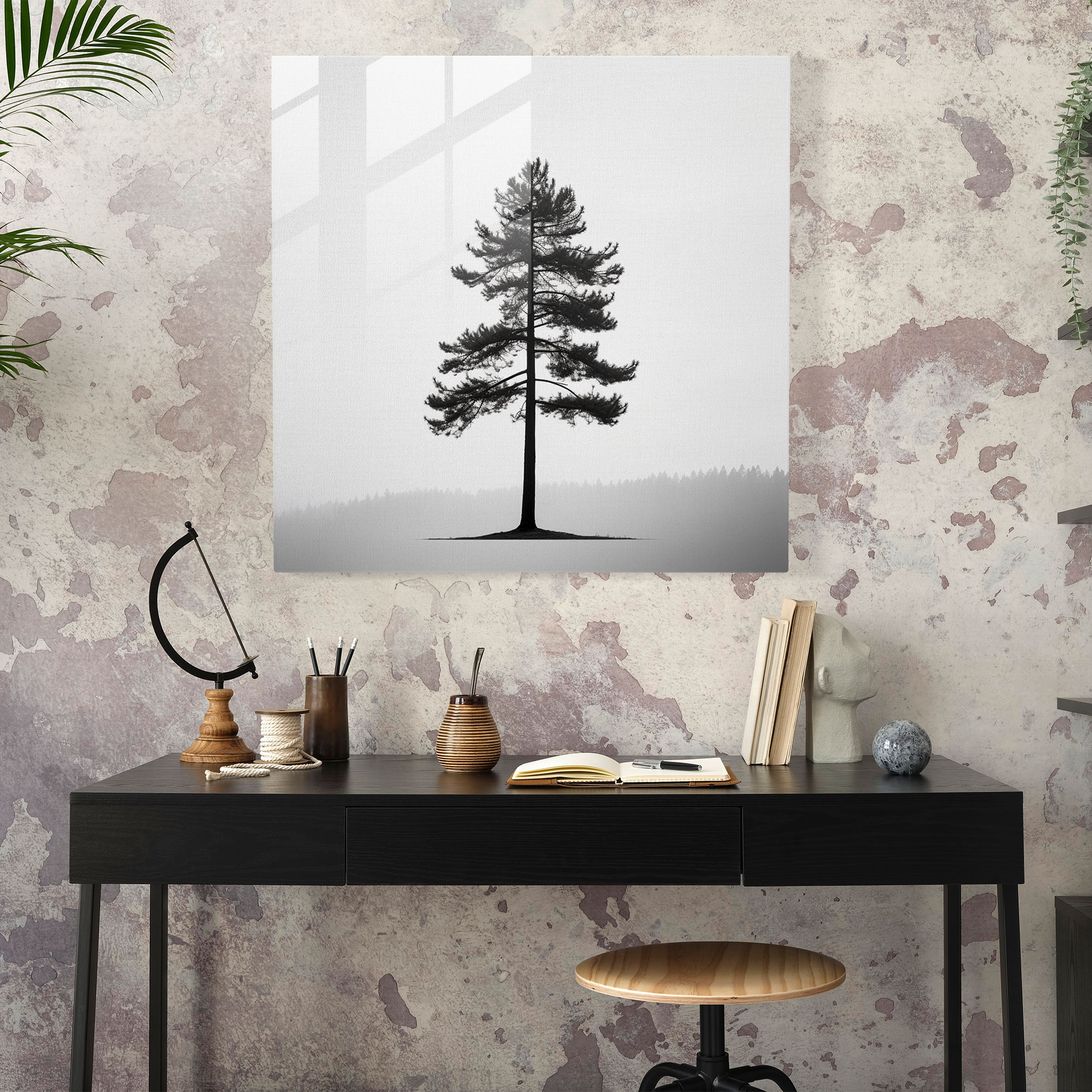 Green Pine Minimalist Glass Print - Green Pine, Black And White, Wall Decoration, Glass Art