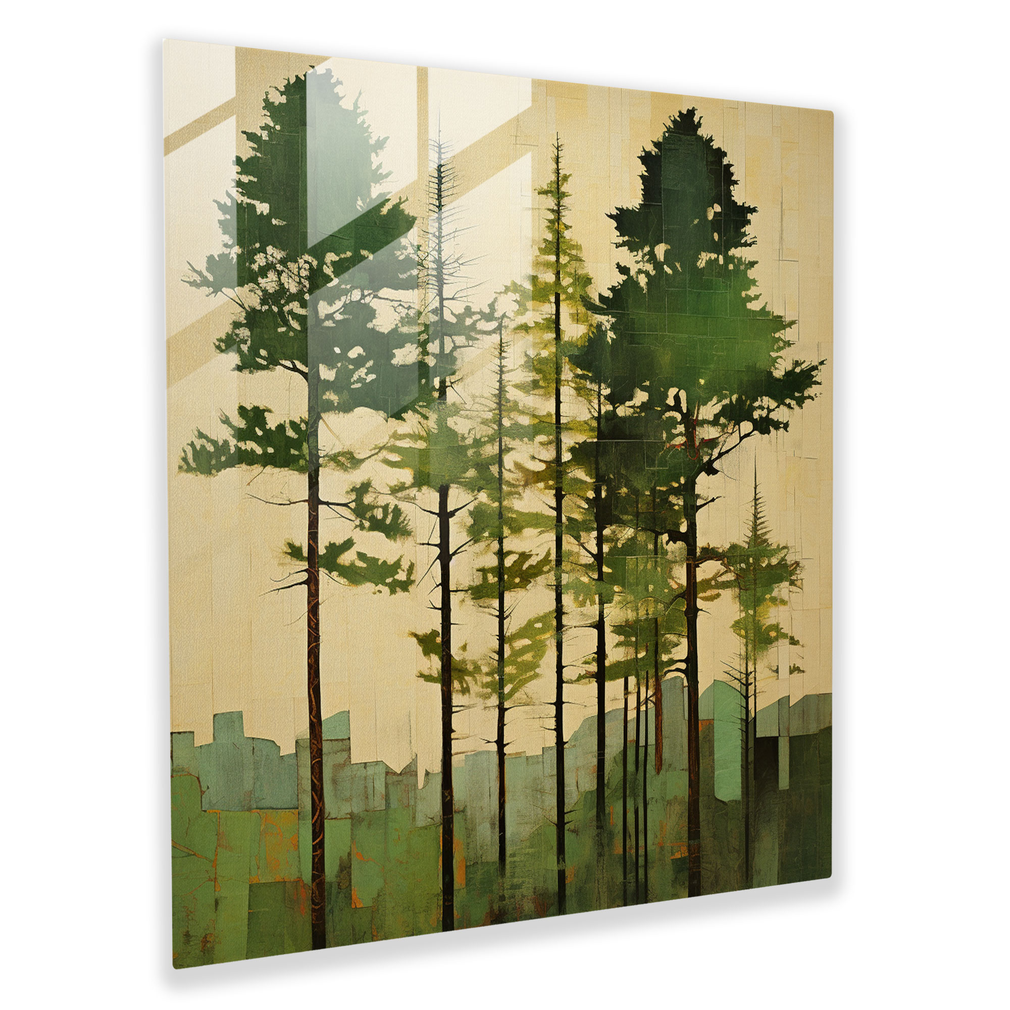 Green Pine Collage Glass Print - Green Pine, Home Decoration, Green Pine, Glass Wall Art