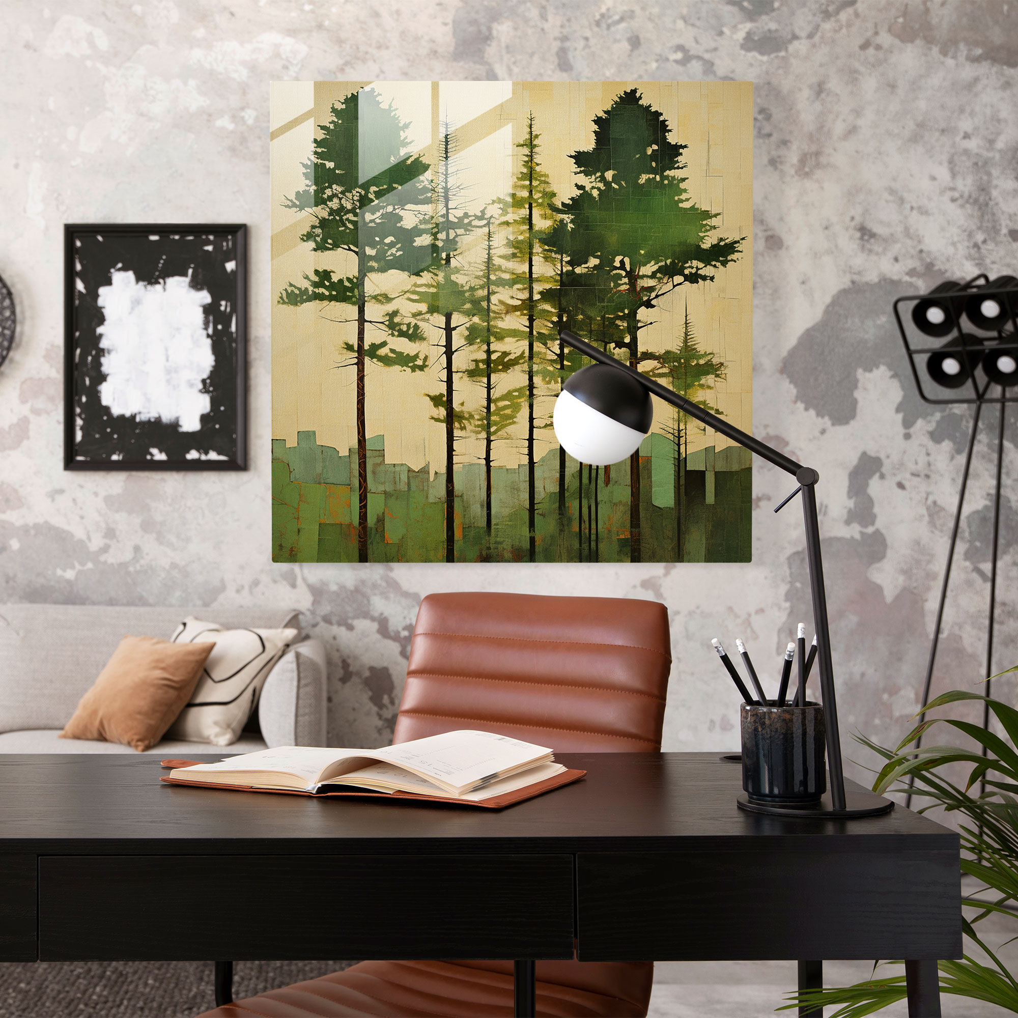 Green Pine Collage Glass Print - Green Pine, Home Decoration, Green Pine, Glass Wall Art