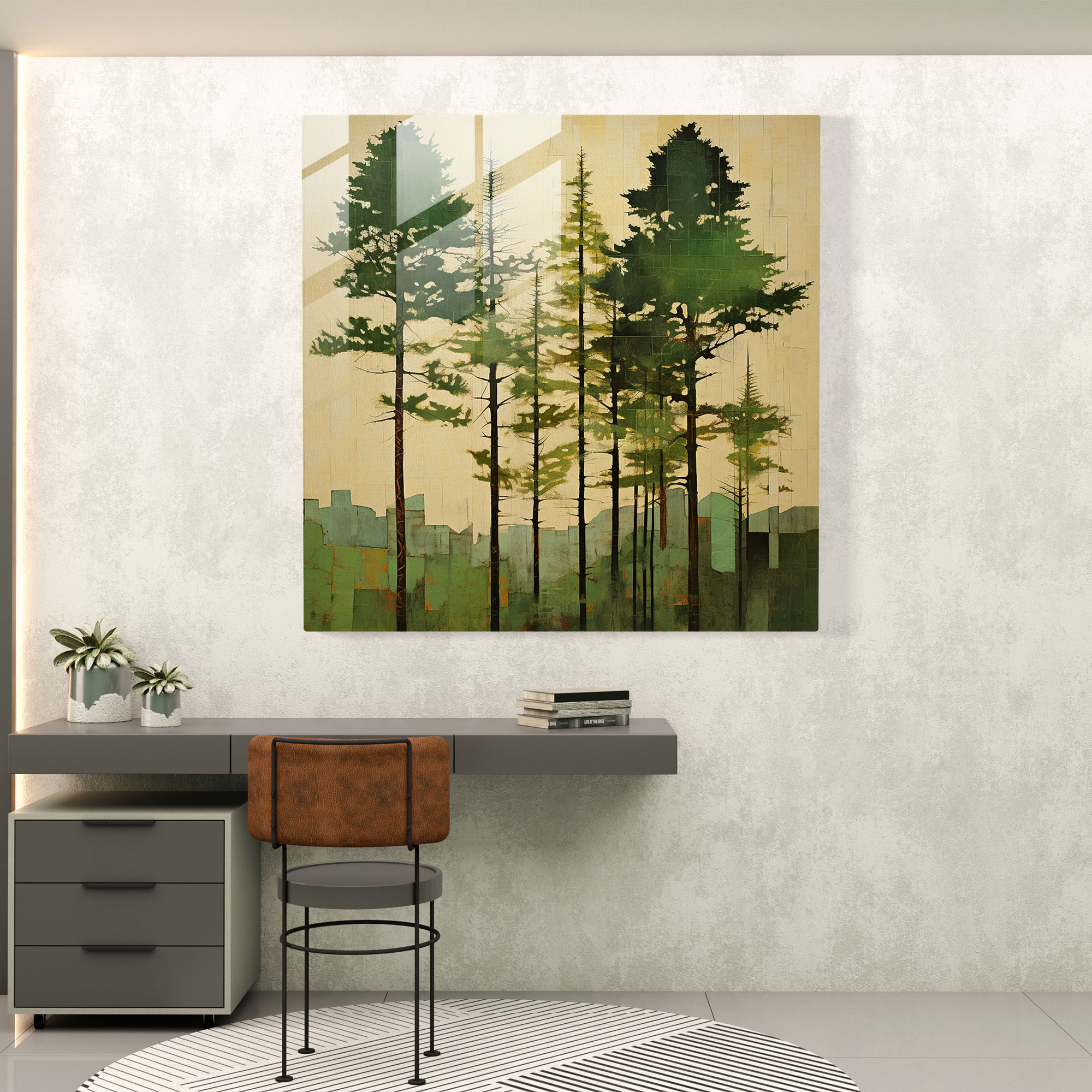 Green Pine Collage Glass Print - Green Pine, Home Decoration, Green Pine, Glass Wall Art
