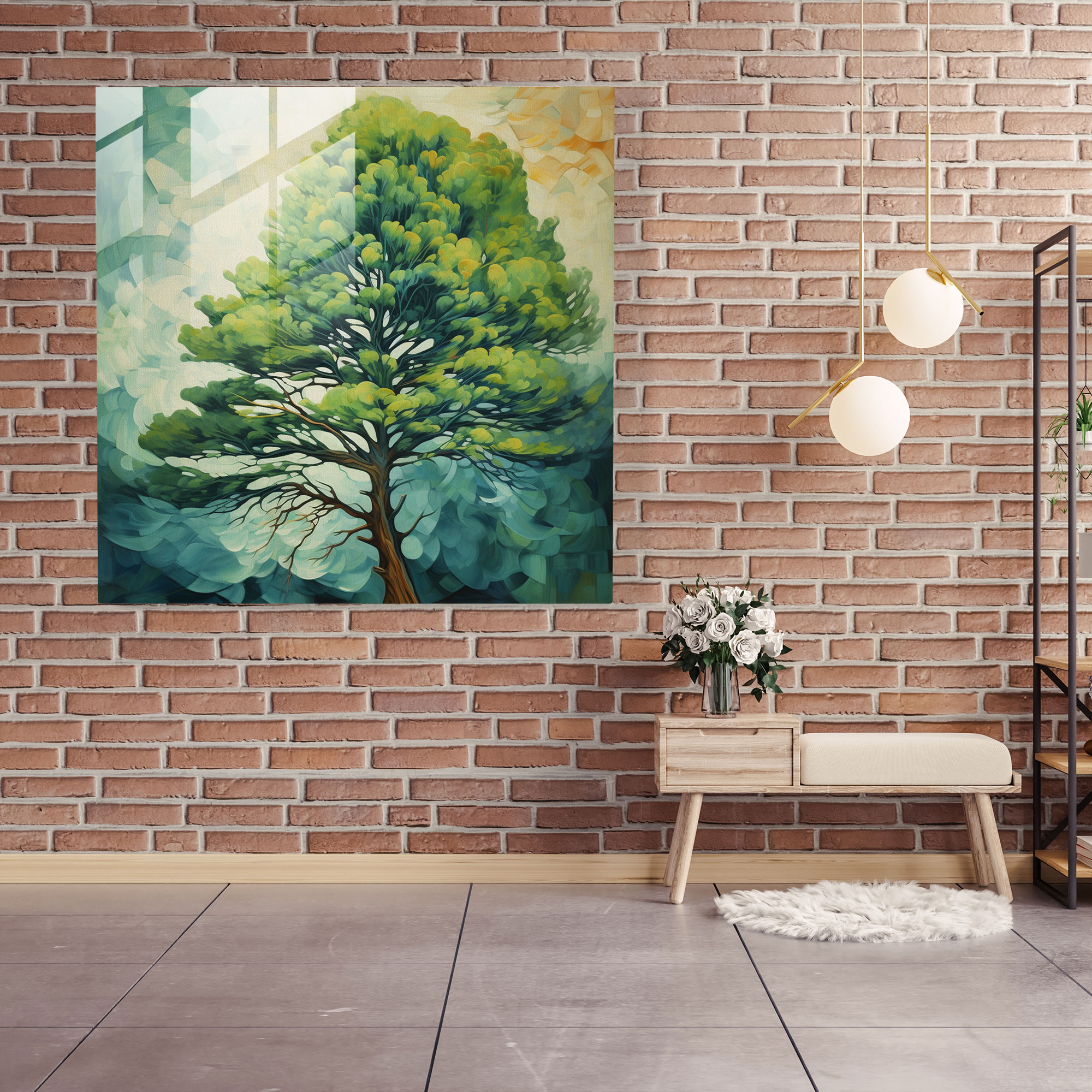 Canlı Yeşil Çam Cam Tablo - Modern Sanat Cam Sanat Yeşil Çam