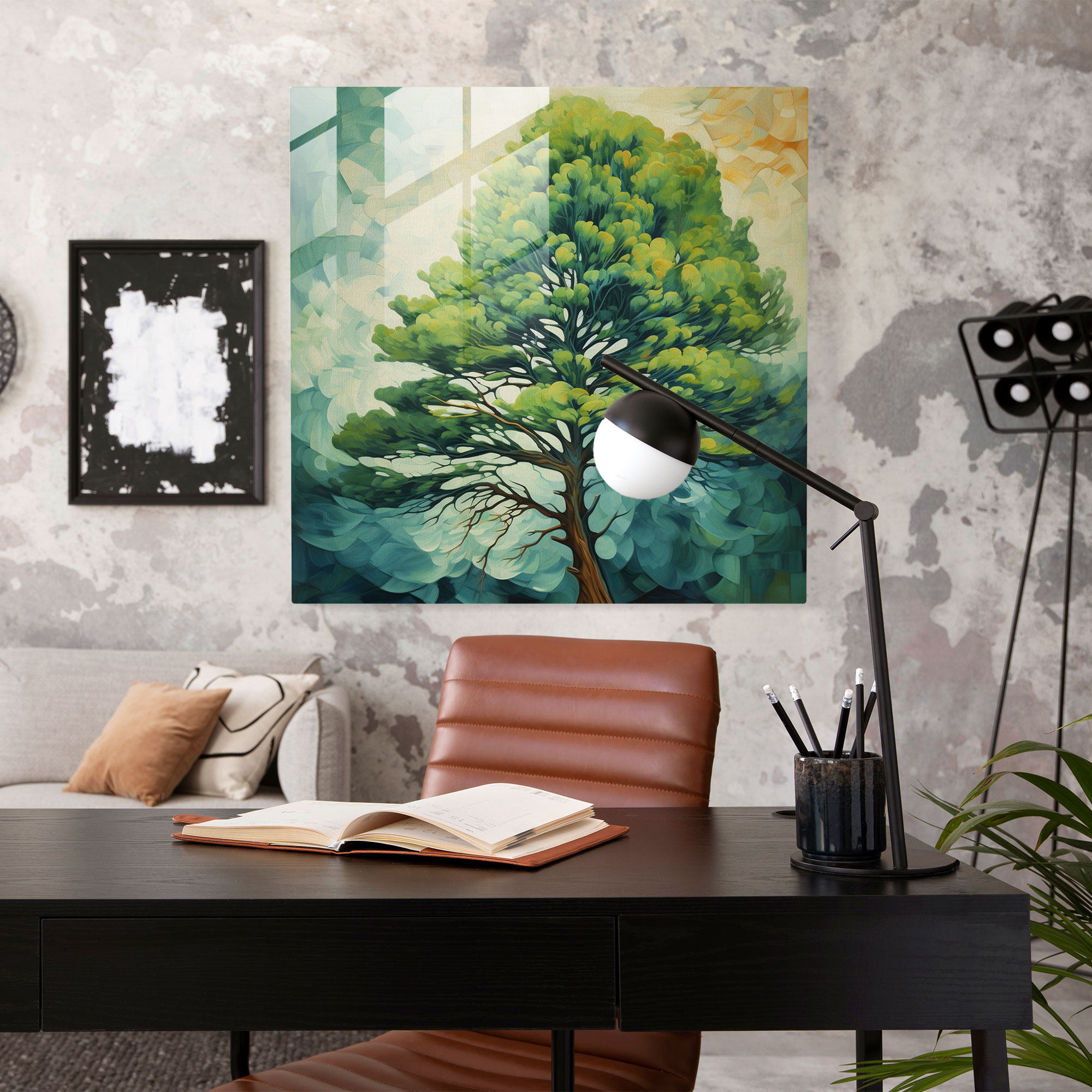 Canlı Yeşil Çam Cam Tablo - Modern Sanat Cam Sanat Yeşil Çam