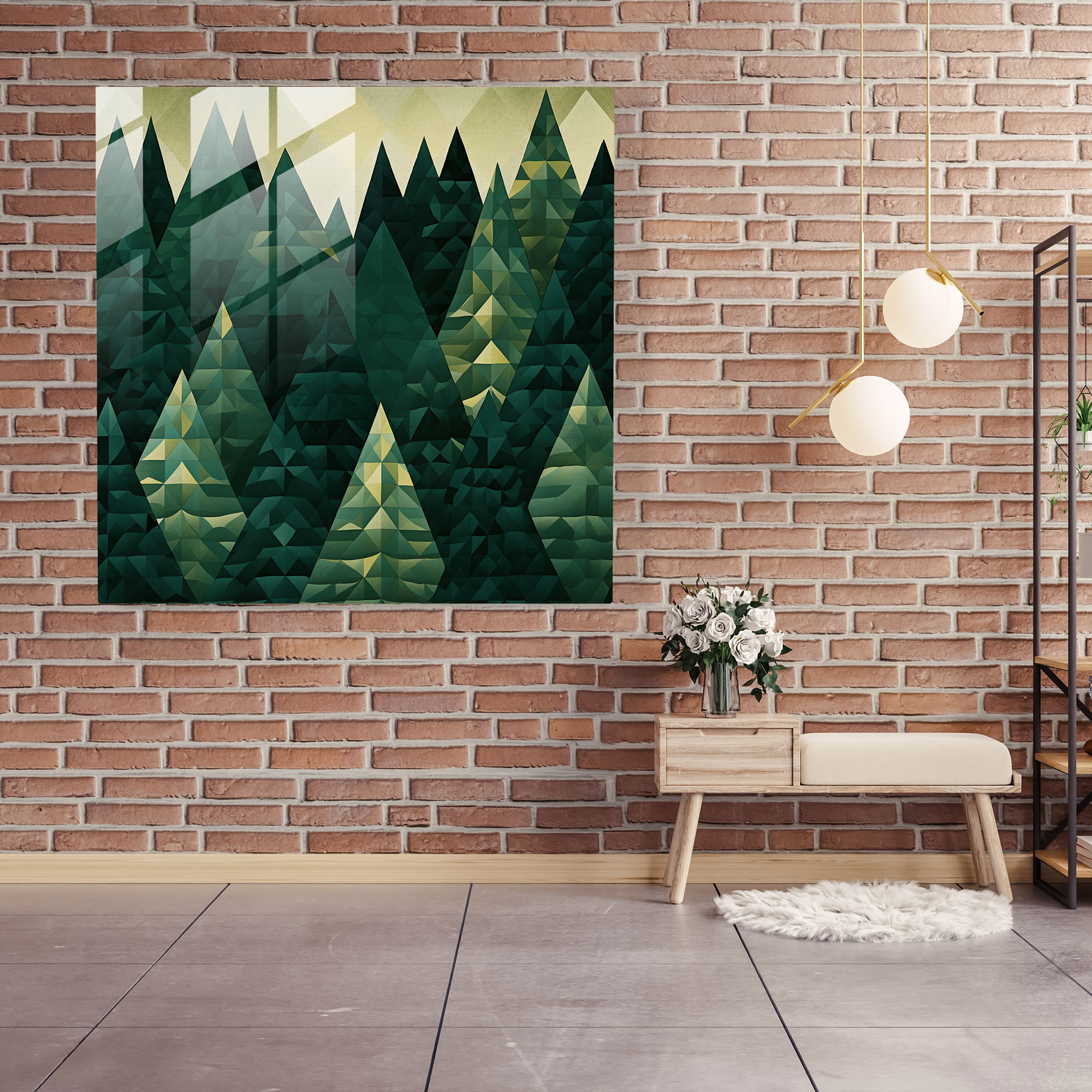 Geometric Green Pine Glass Print - Green Pine, Green Pine, Home Decoration, Glass Wall Art