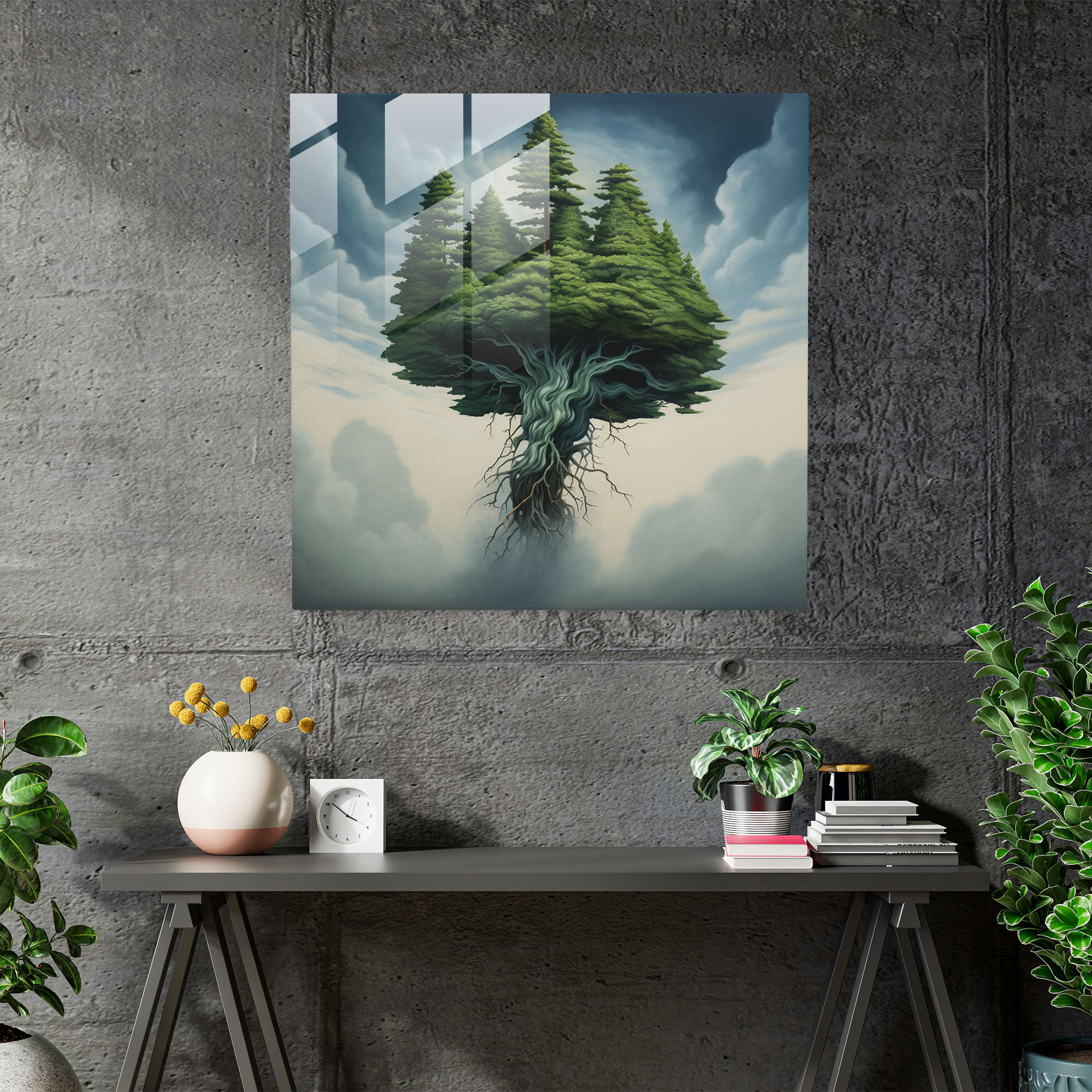 Ters Çevrilen Yeşil Çam Cam Tablosu - Yeşil Çam Cam Duvar Sanatı Modern Sanat