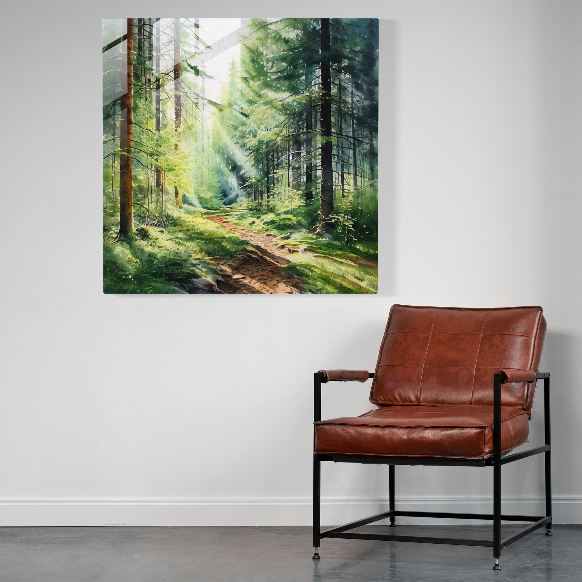 Green Pine Watercolor Glass Print - Green Pine, Wall Decoration, Green Pine, Lush Green Forest