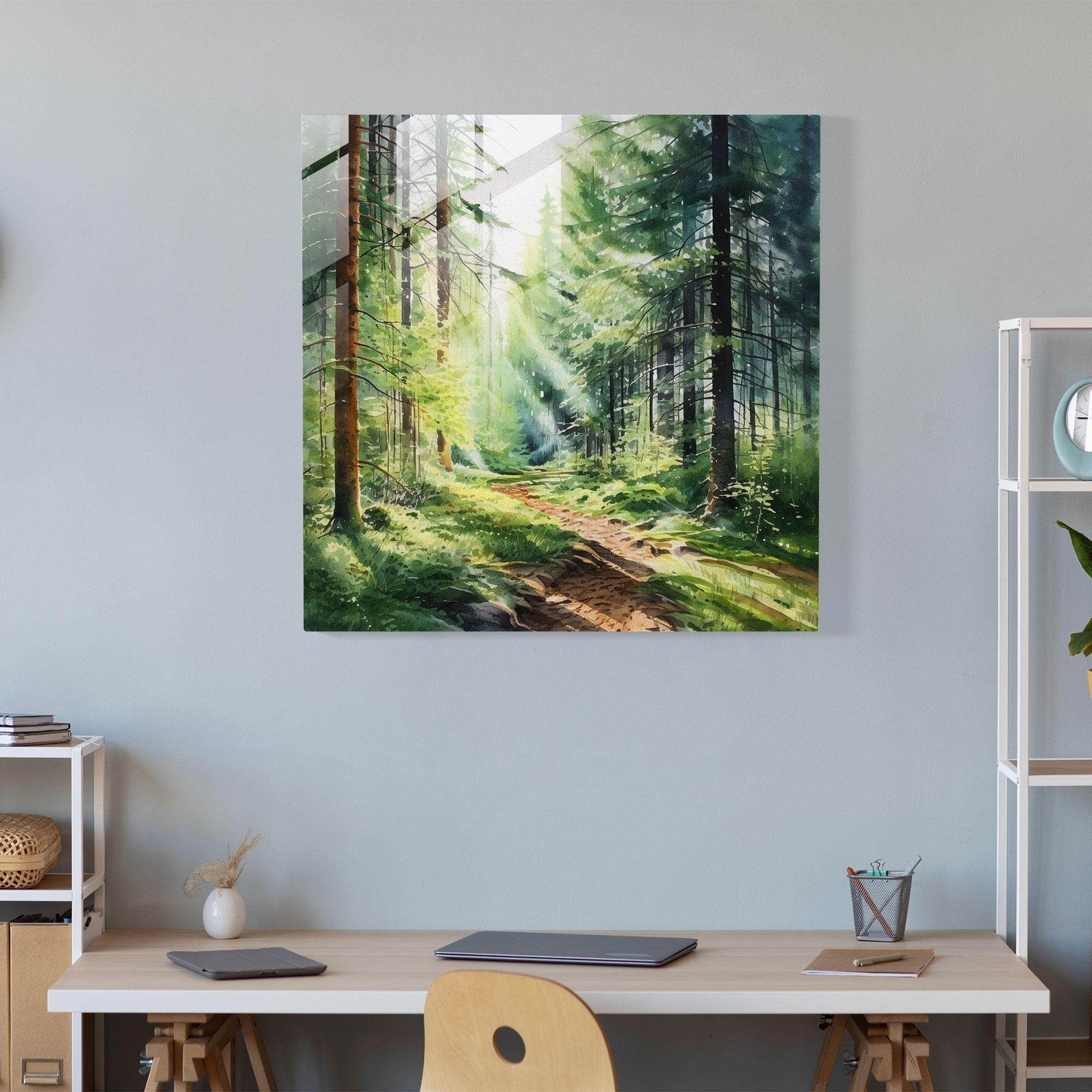 Green Pine Watercolor Glass Print - Green Pine, Wall Decoration, Green Pine, Lush Green Forest