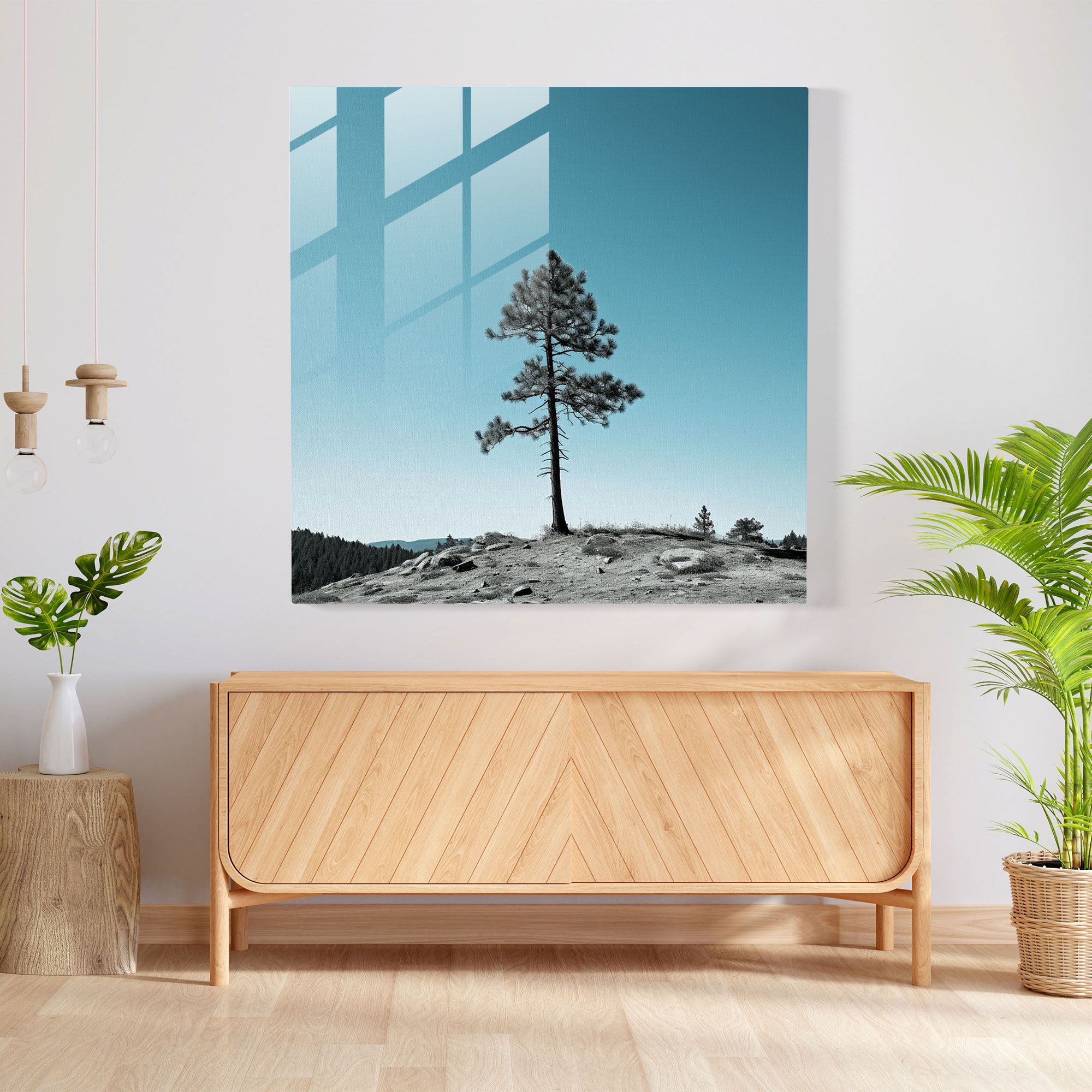 Yeşil Çam Minimalist Cam Tablo - Yeşil Çam Ağacı Ev Dekorasyonu Cam Duvar Sanatı