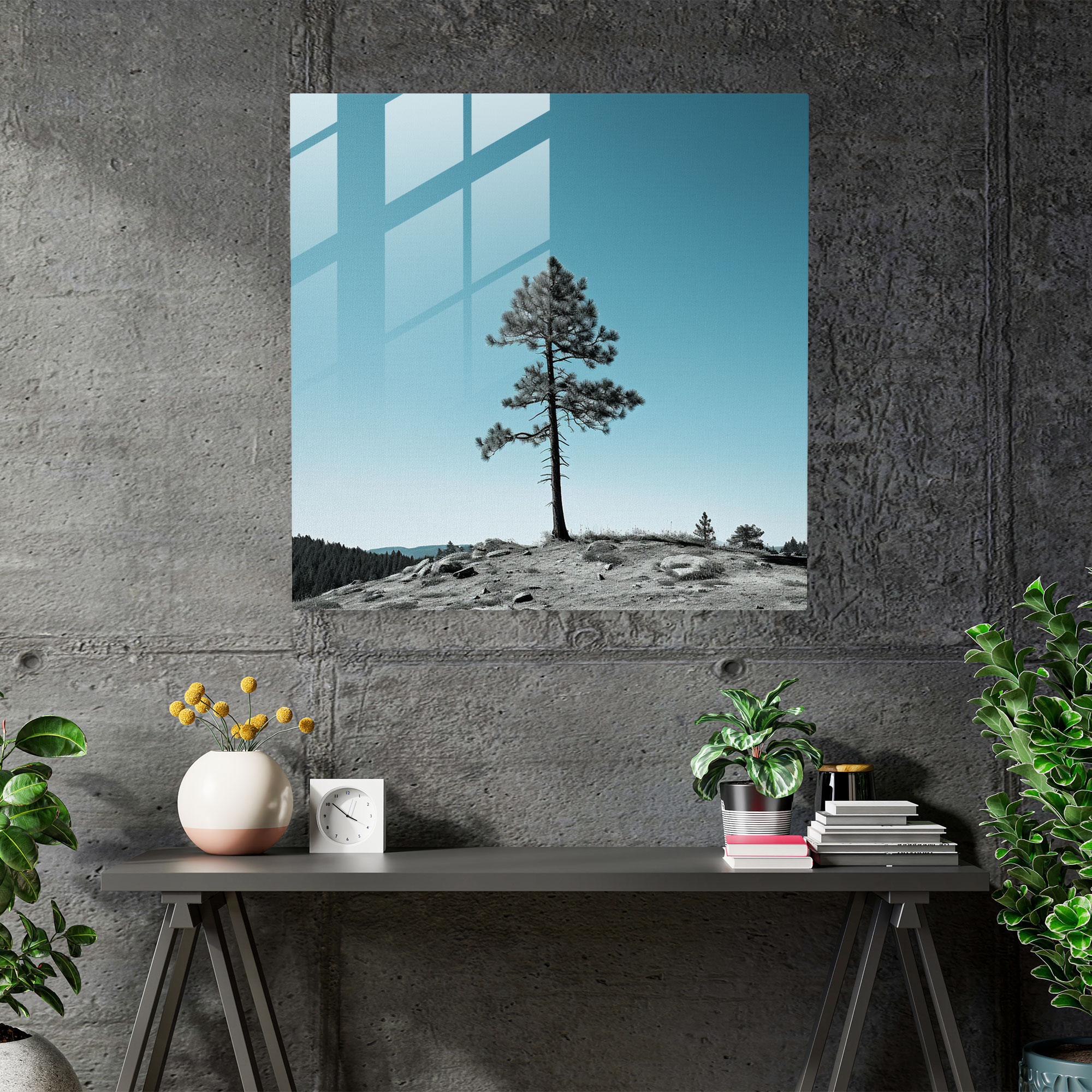 Yeşil Çam Minimalist Cam Tablo - Yeşil Çam Ağacı Ev Dekorasyonu Cam Duvar Sanatı
