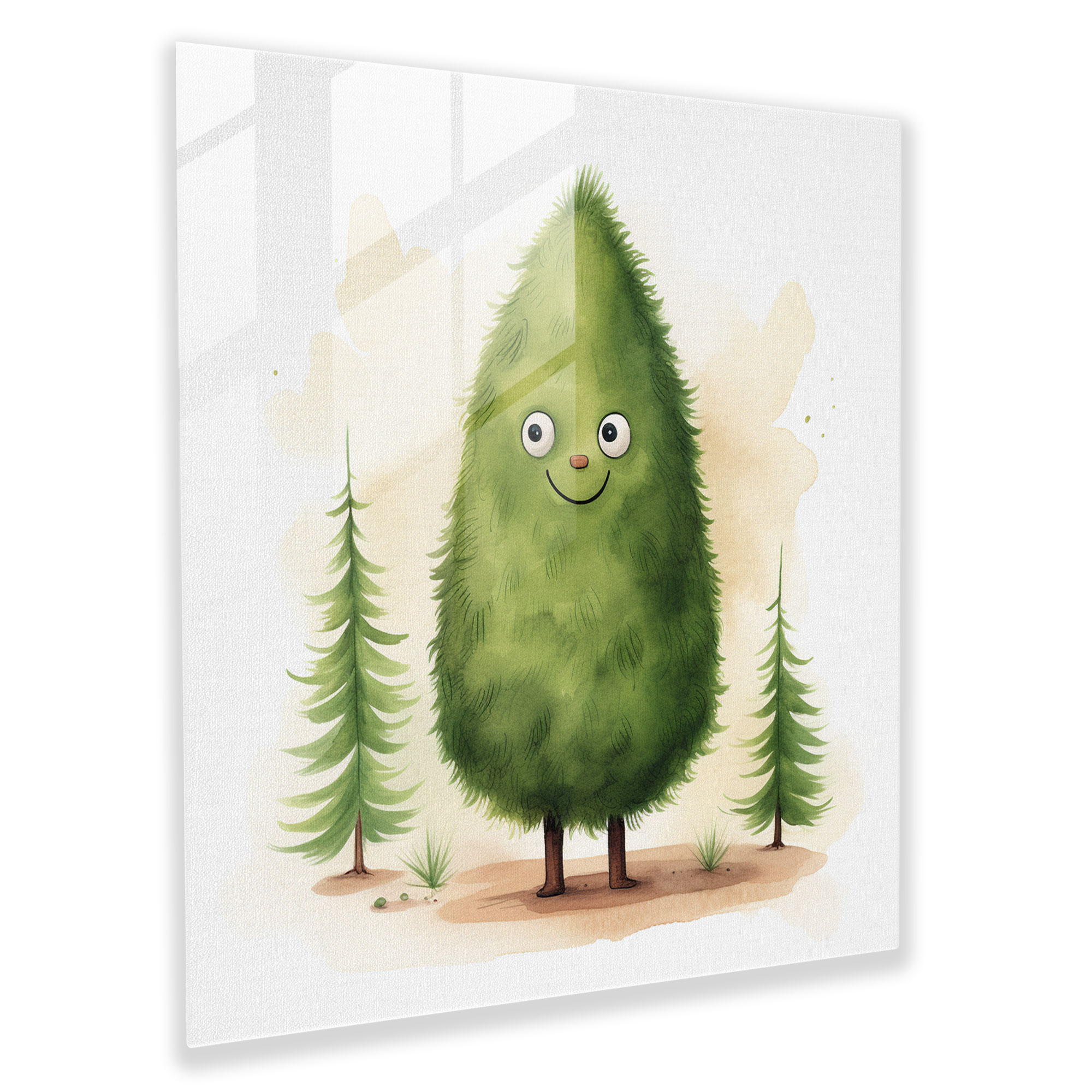 Green Pine Whimsical Glass Print - Green Pine, Green Pine, Glass Print, Friendly Character