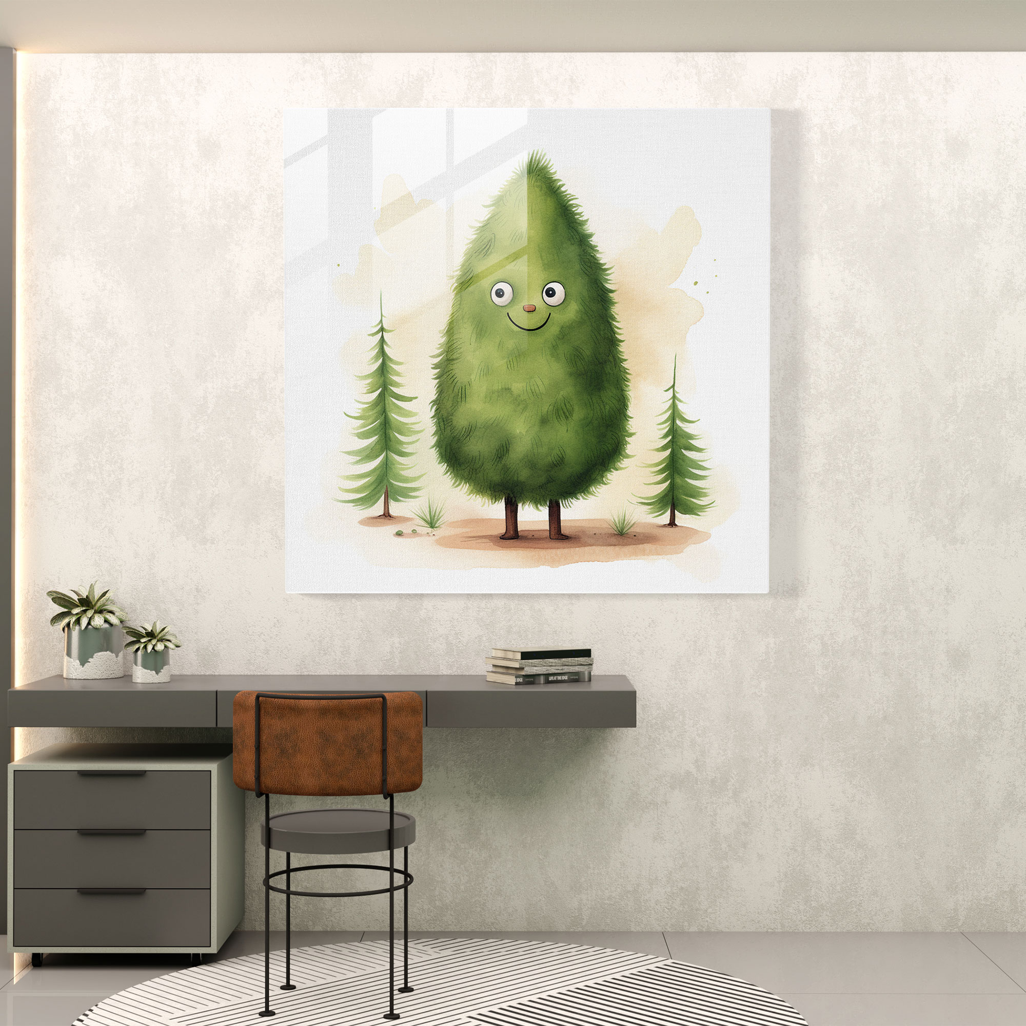 Green Pine Whimsical Glass Print - Green Pine, Green Pine, Glass Print, Friendly Character