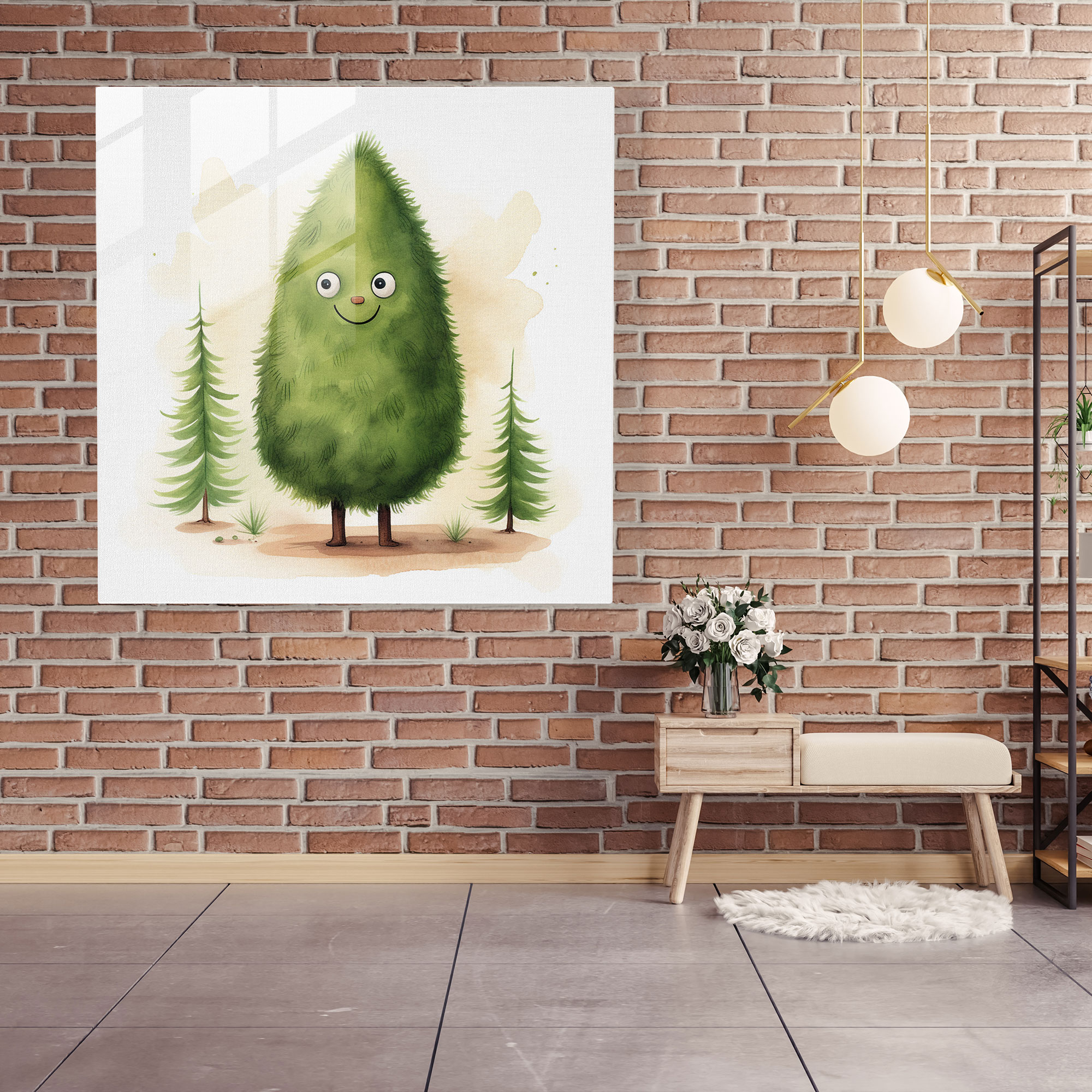 Green Pine Whimsical Glass Print - Green Pine, Green Pine, Glass Print, Friendly Character