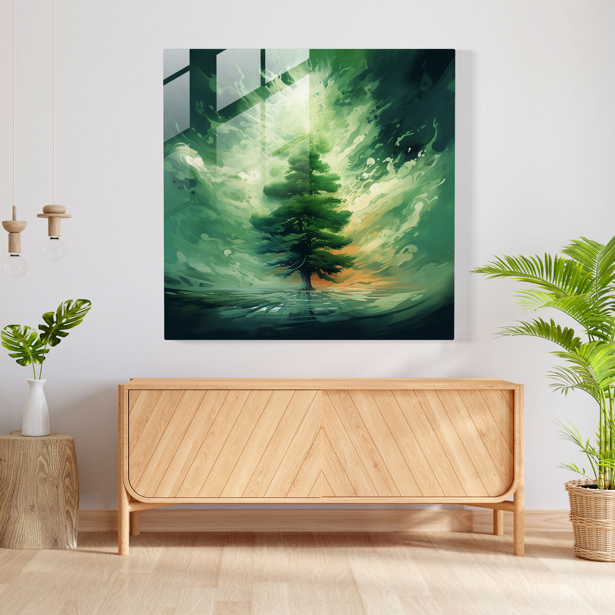 Dreamlike Green Pine Glass Print - Green Pine, Wall Decoration, Modern Art, Home Decoration