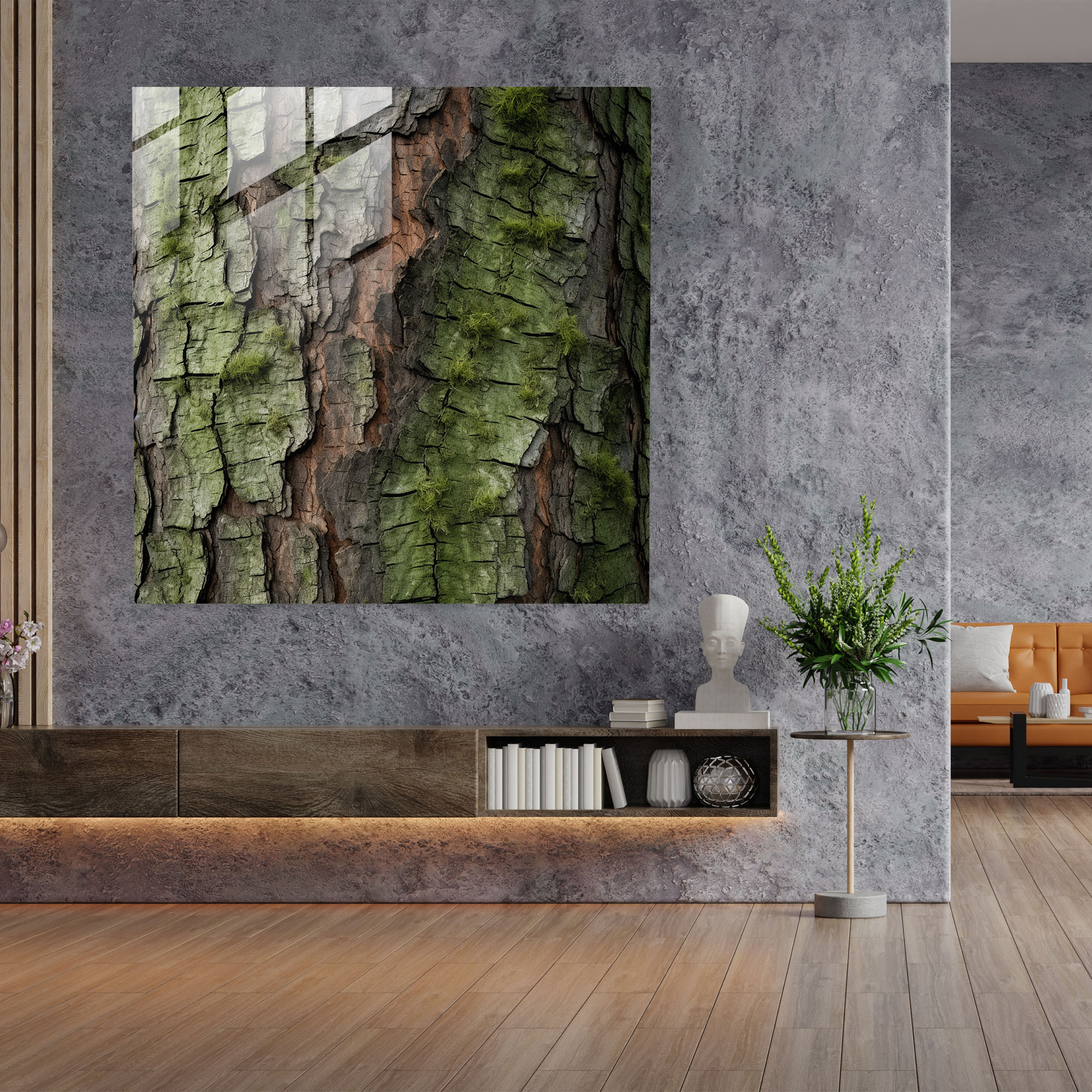 Canlı Çam Ağacı Cam Tablo - Yeşil Çam Ağaç Kabuğu Modern Sanat Gerçekçi Fotoğrafçılık