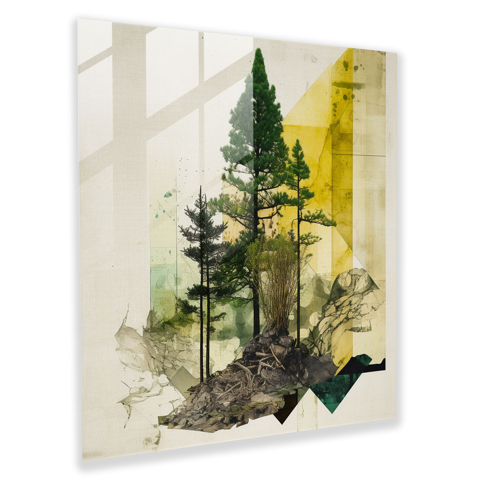 Abstract Pine Tree Collage Glass Print - Green Pine, Abstract Elements, Collage Artwork, Modern Art