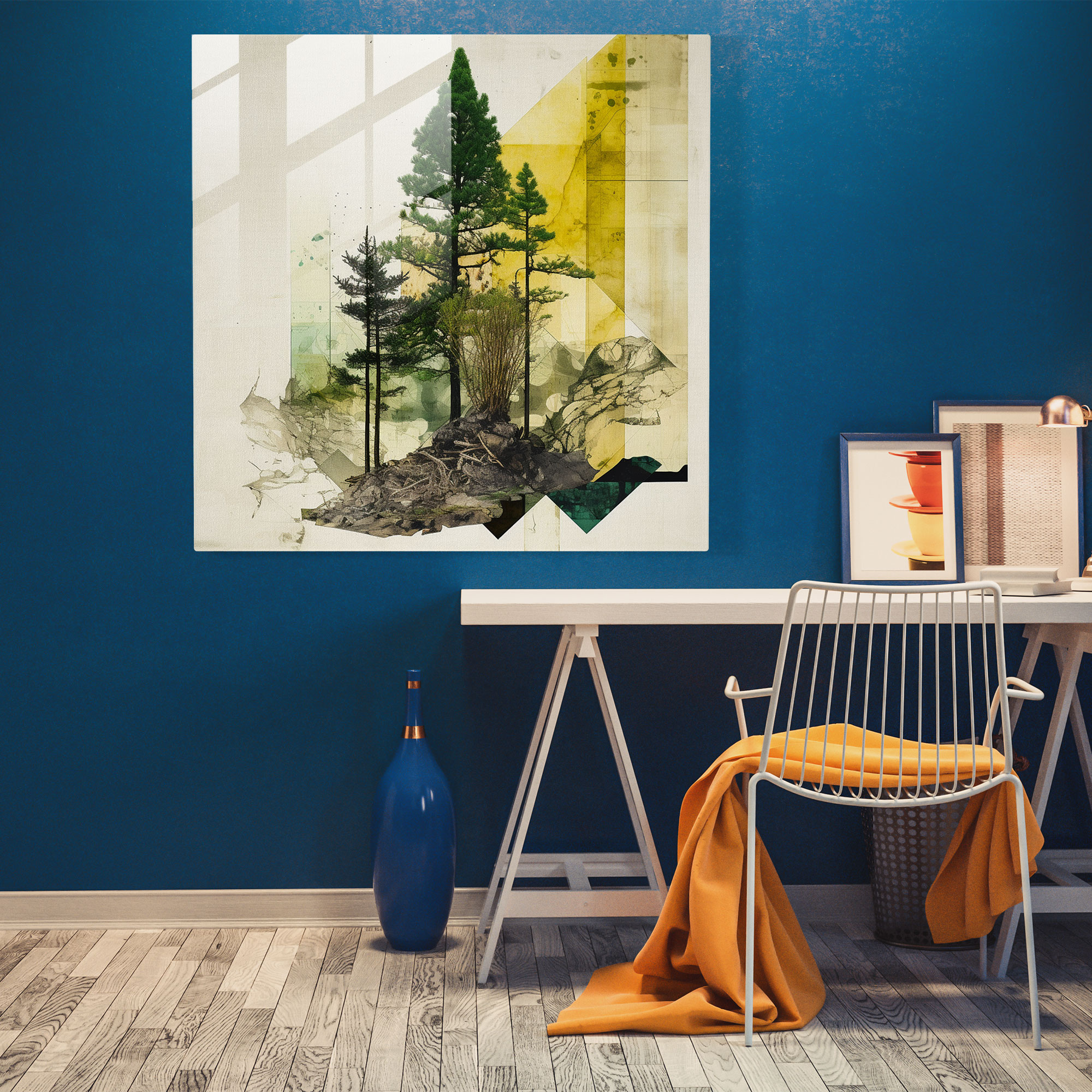 Abstract Pine Tree Collage Glass Print - Green Pine, Abstract Elements, Collage Artwork, Modern Art