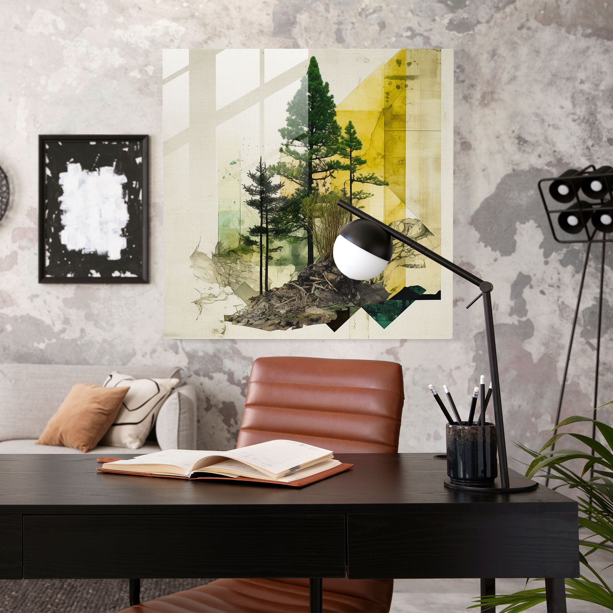 Abstract Pine Tree Collage Glass Print - Green Pine, Abstract Elements, Collage Artwork, Modern Art