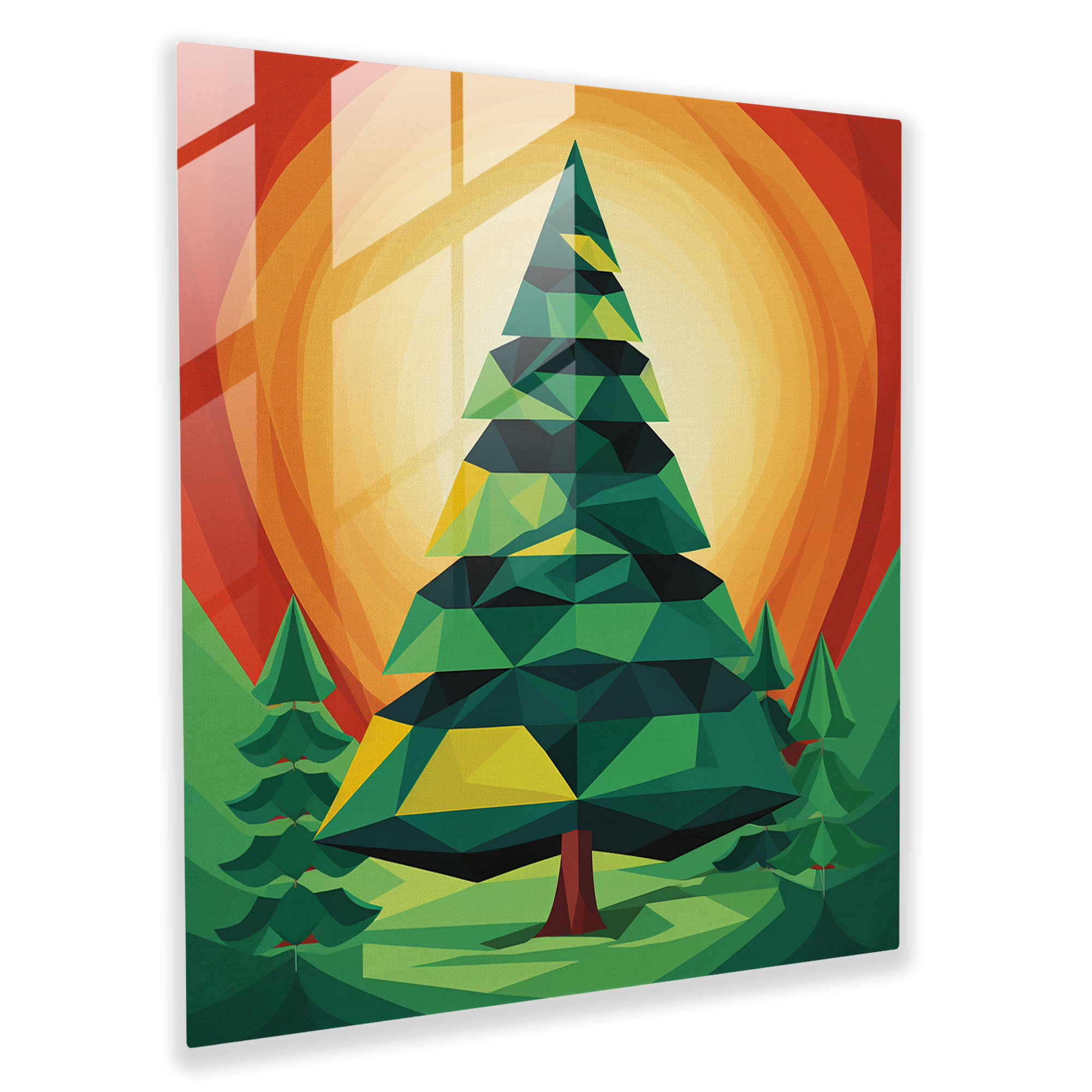 Colorful Geometric Pine Tree Glass Print - Green Pine, Glass Art, Home Decoration, Green Pine