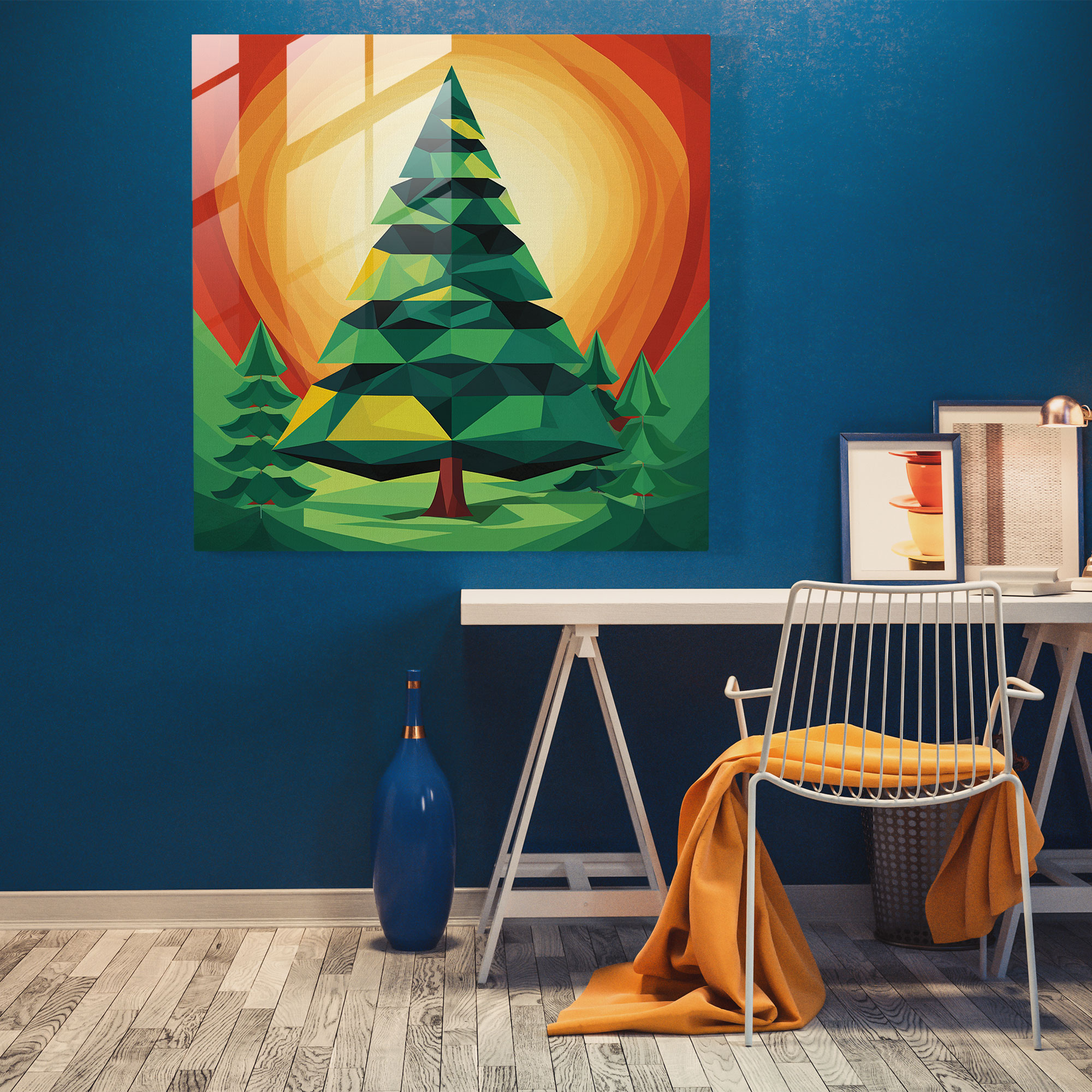 Colorful Geometric Pine Tree Glass Print - Green Pine, Glass Art, Home Decoration, Green Pine