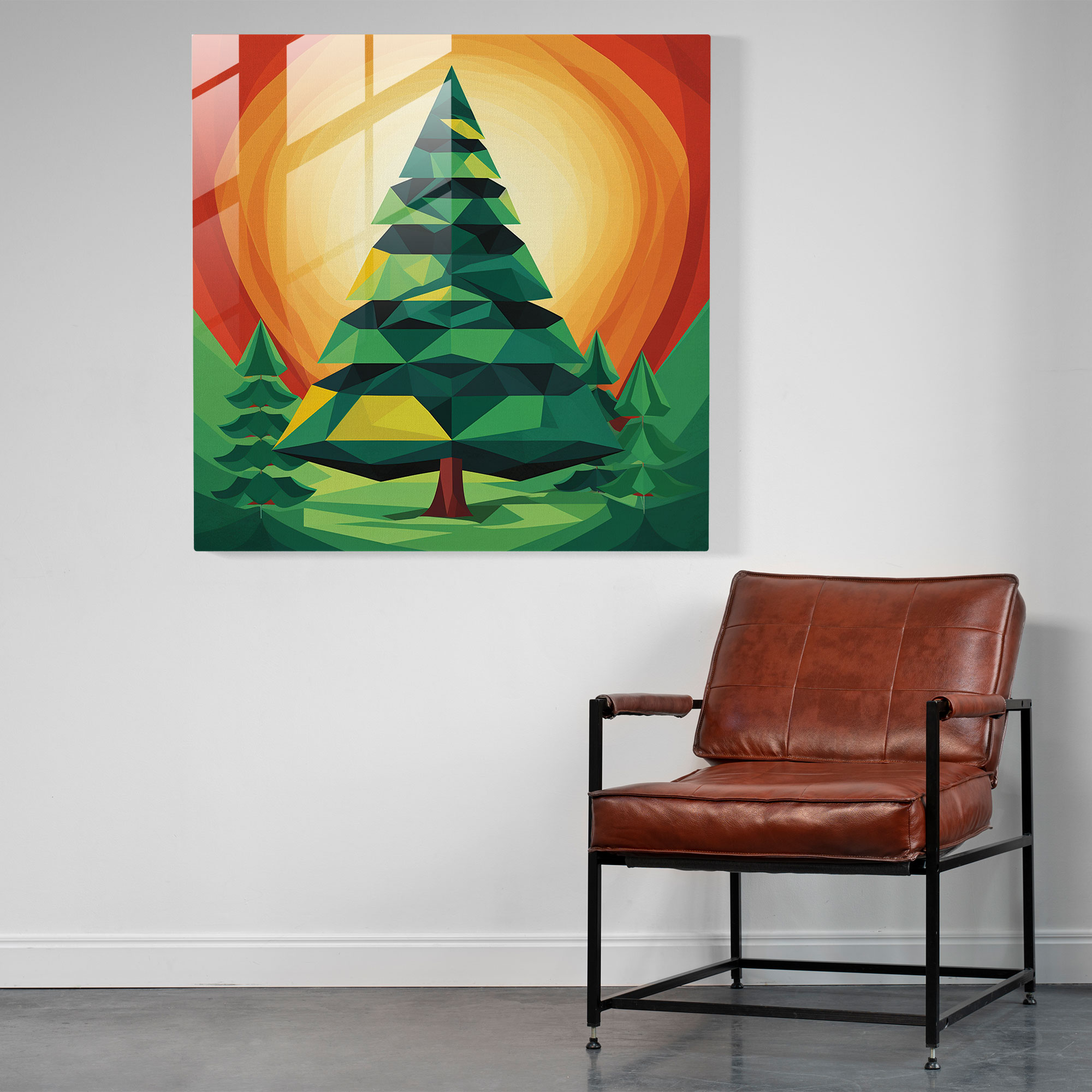 Colorful Geometric Pine Tree Glass Print - Green Pine, Glass Art, Home Decoration, Green Pine