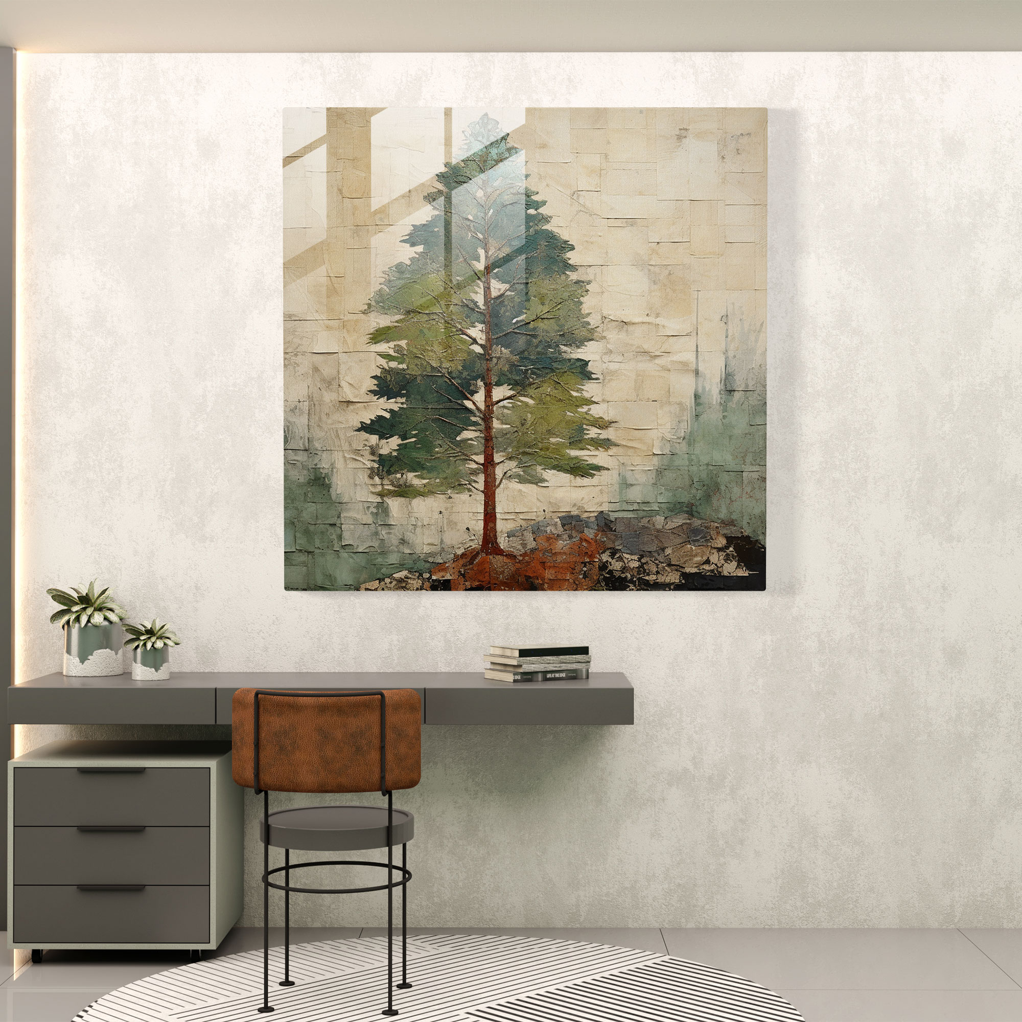 Mixed Media Green Pine Glass Print - Green Pine, Wall Decoration, Glass Art, Modern Art