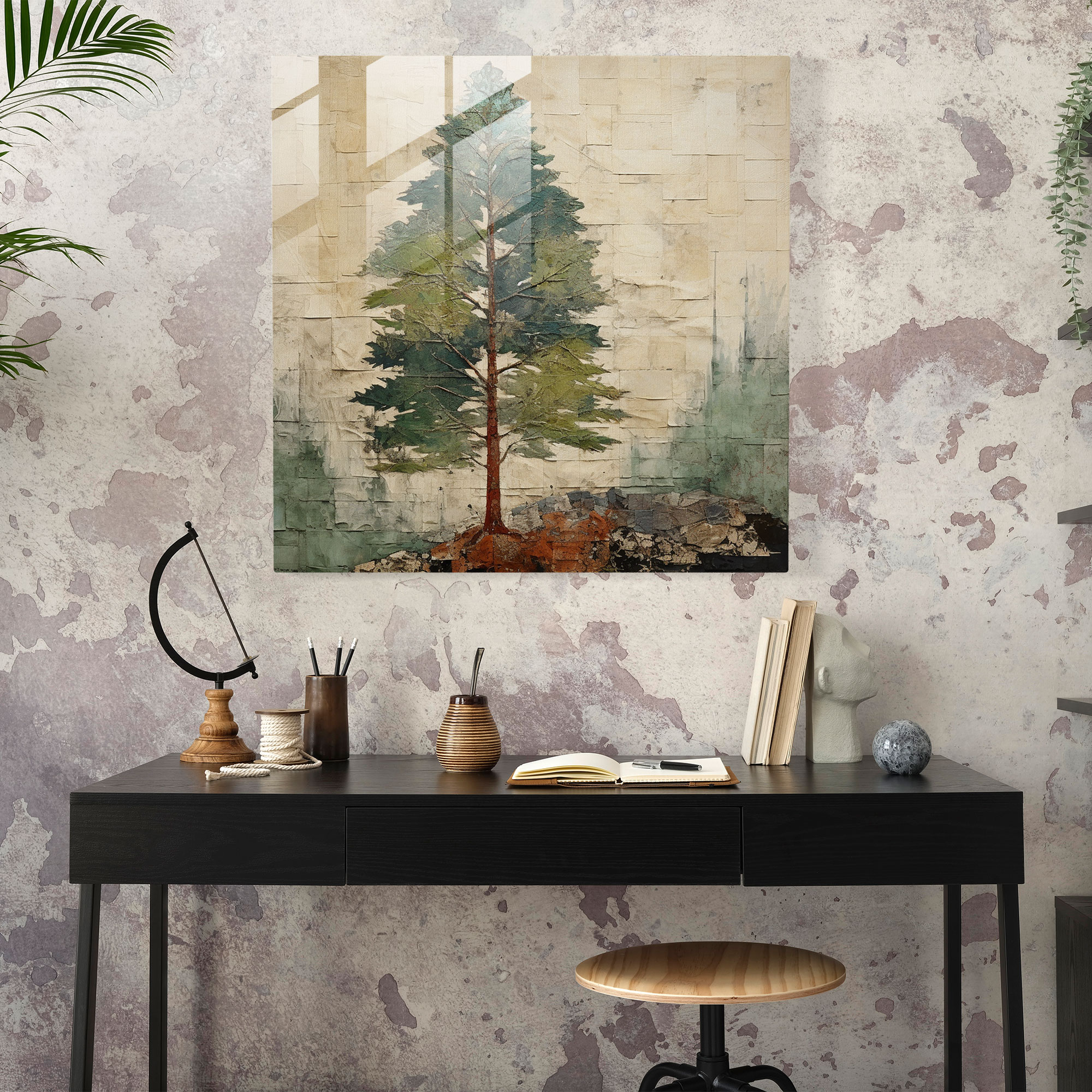 Mixed Media Green Pine Glass Print - Green Pine, Wall Decoration, Glass Art, Modern Art