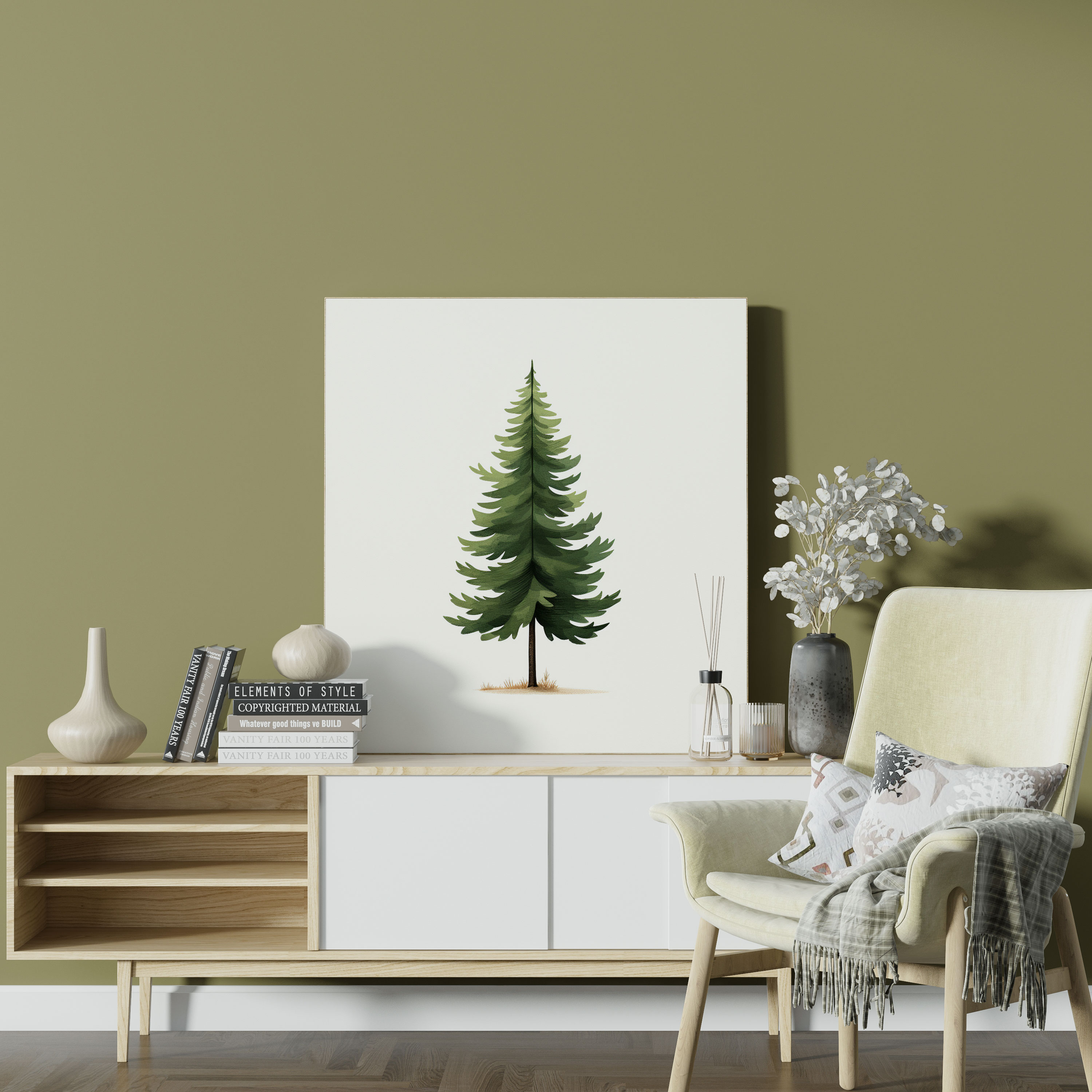Green Pine Wall Decoration - Green Pine, Clean White Background, Home Decoration, Wall Decoration
