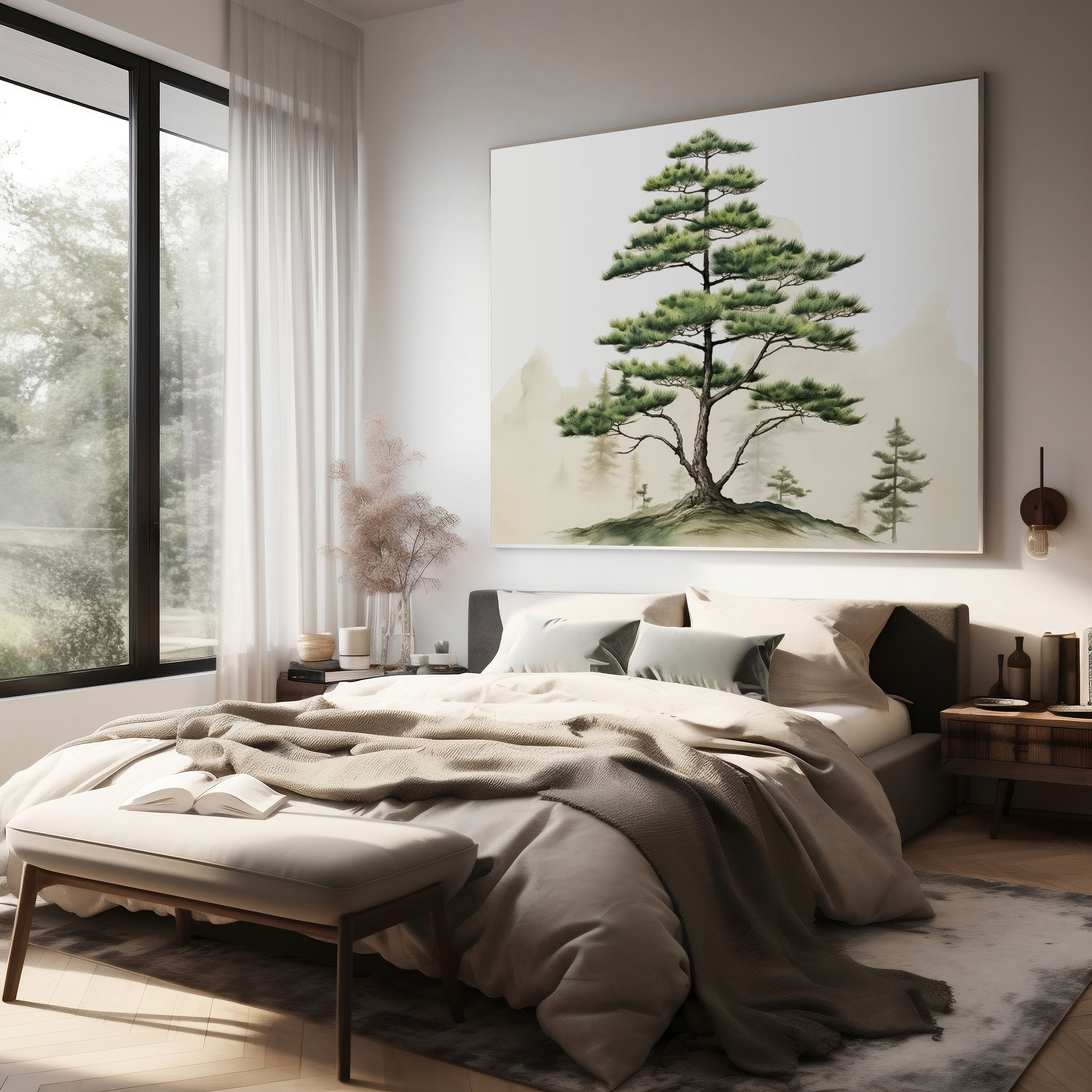 Green Pine Wall Decoration - Green Pine, Canvas Wall Art, Minimalistic Artwork, Traditional Japanese Ink Painting