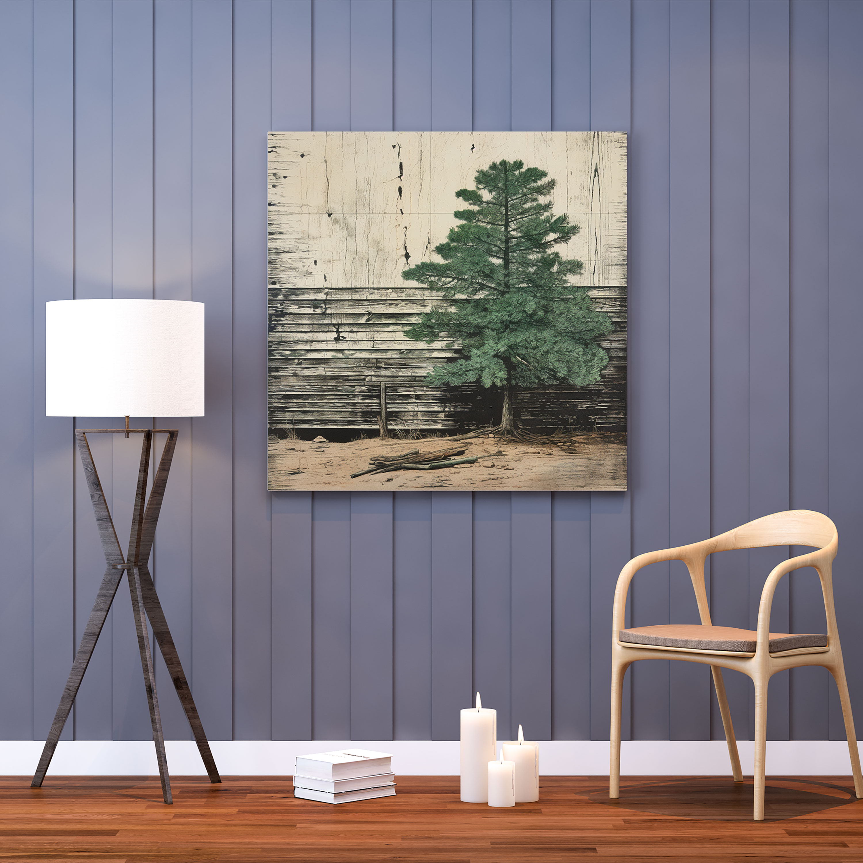 Green Pine Wall Decoration - Green Pine, Weathered Barn Wall, Canvas, Wall Decoration