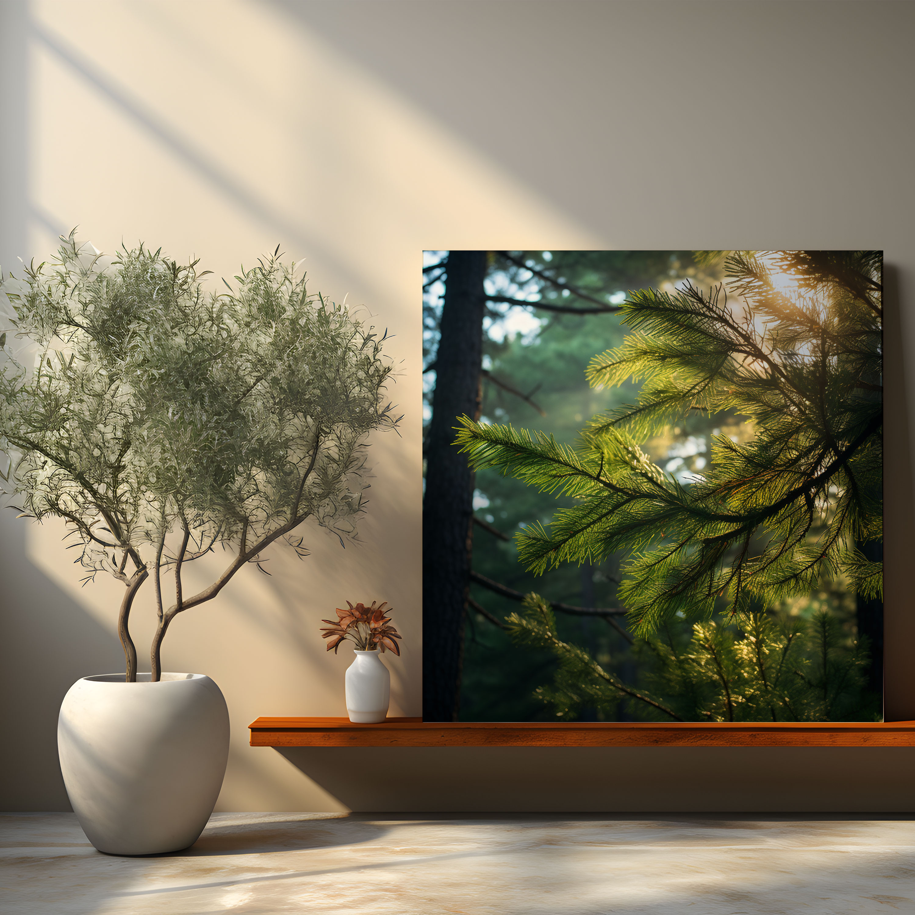 Green Pine Wall Decoration - Green Pine, Green Pine Branches, Canvas, Sunlight Streaming