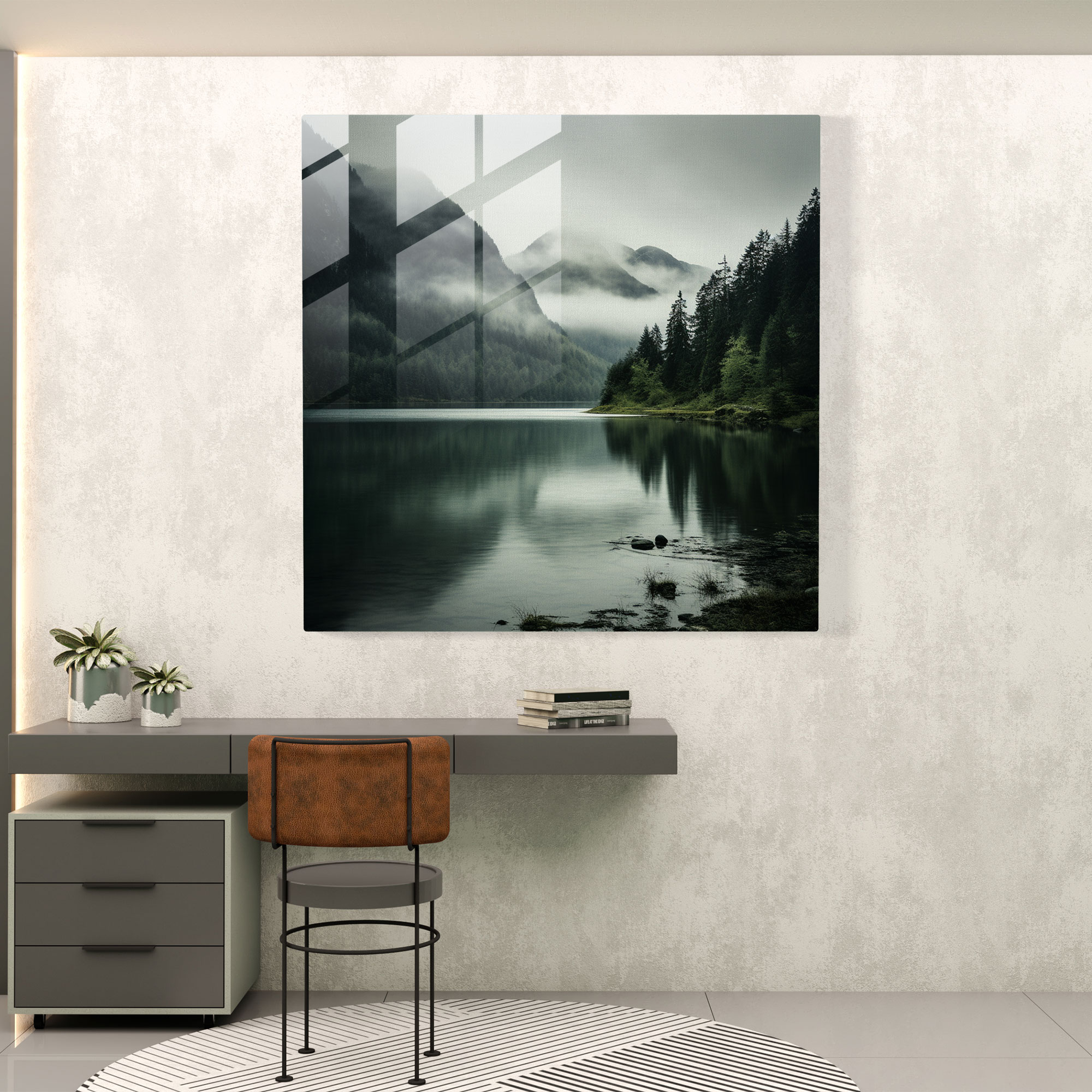 Gri Sisli Dağlar Cam Tablo - Gri Cam Duvar Sanatı Cam Sanatı Modern Sanat