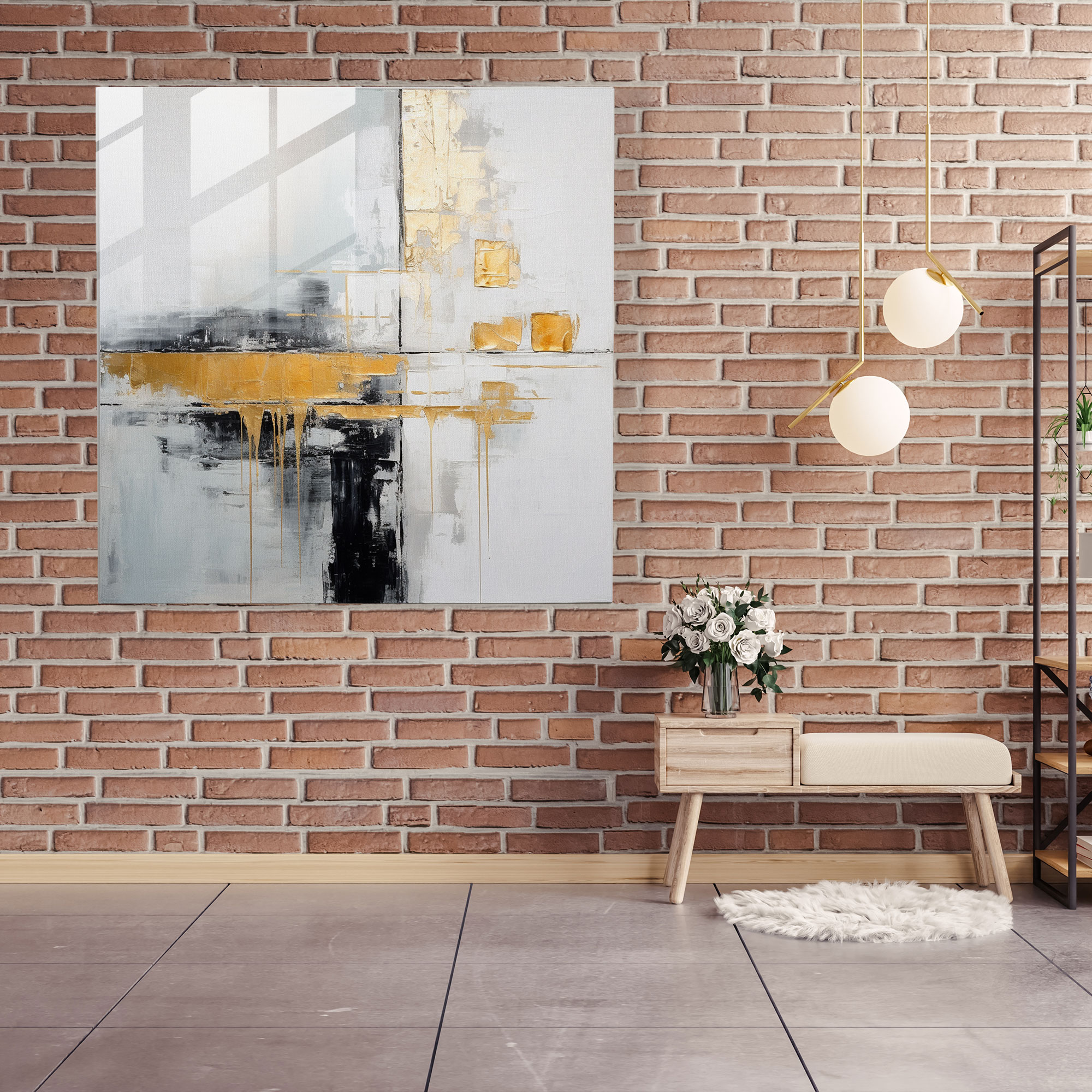 Gri Ve Altın Minimalist Lüks Cam Tablo - Gri Duvar Dekorasyonu Cam Sanatı Cam Tablo