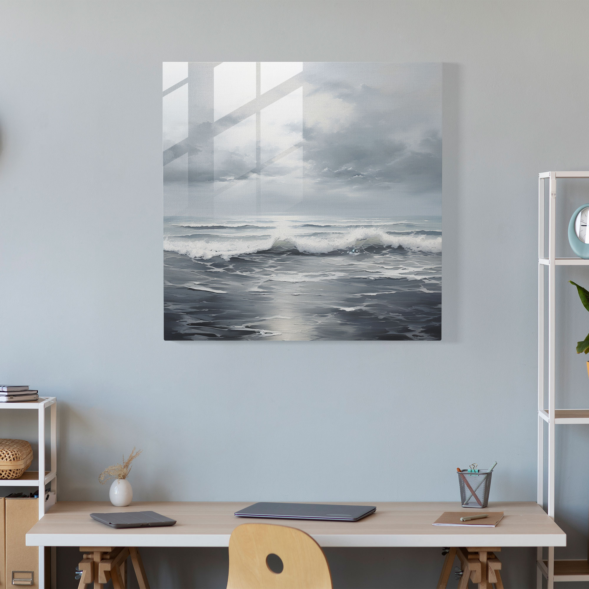 Gray Seascape Glass Print - Gray, Wall Decoration, Seascape, Ocean