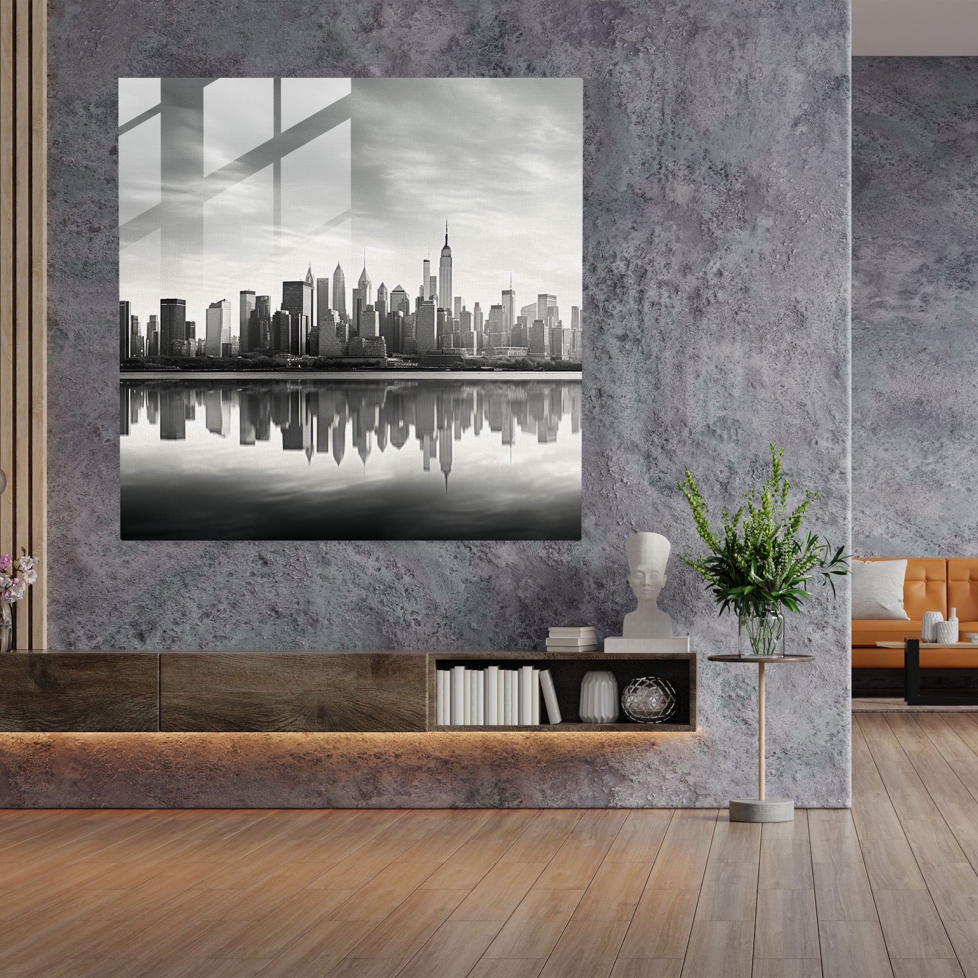 Gray City Skyline Photograph Glass Print - Gray, Glass Art, Glass Print, Architecture