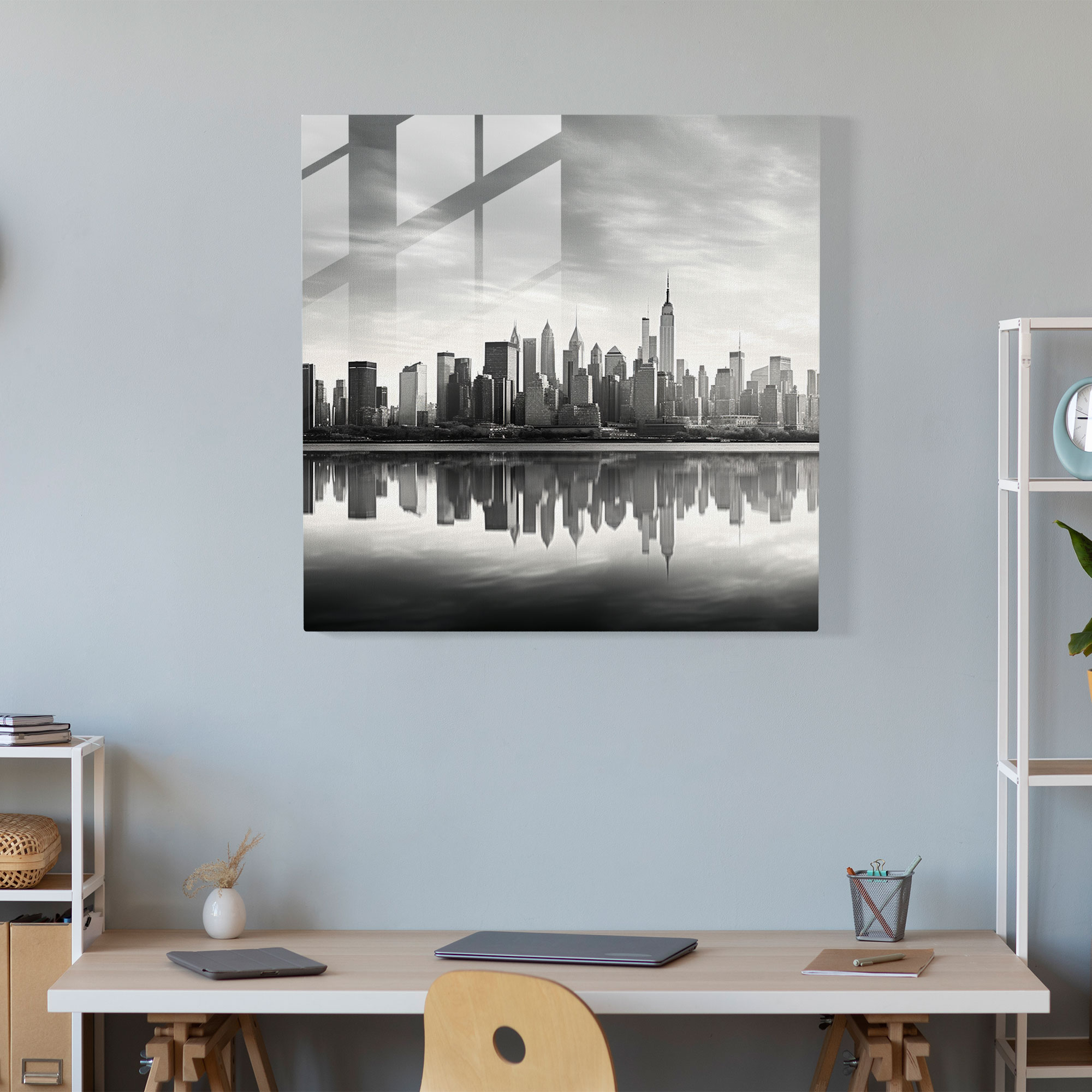 Gray City Skyline Photograph Glass Print - Gray, Glass Art, Glass Print, Architecture