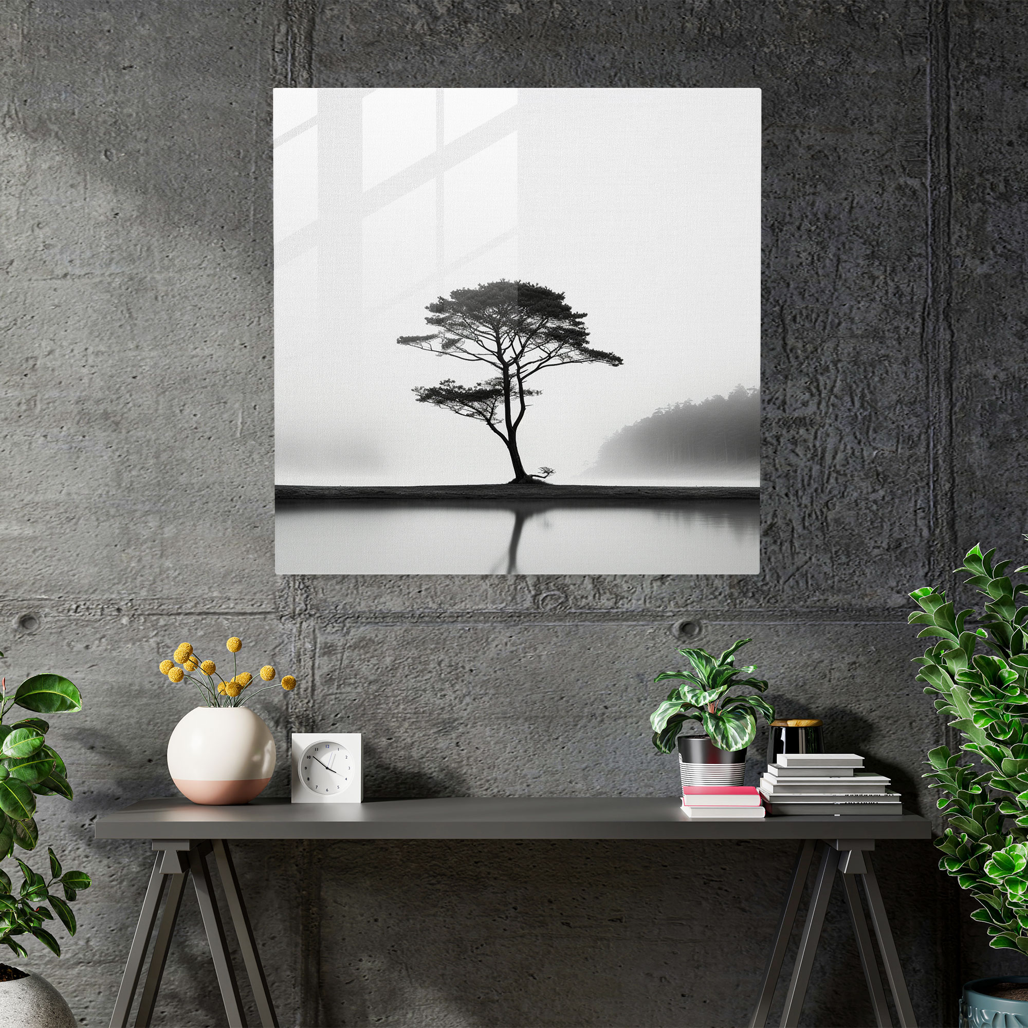 Gri Vaha Cam Tablo - Gri Duvar Dekorasyonu Siyah ve Beyaz Fotoğraf Cam Sanat