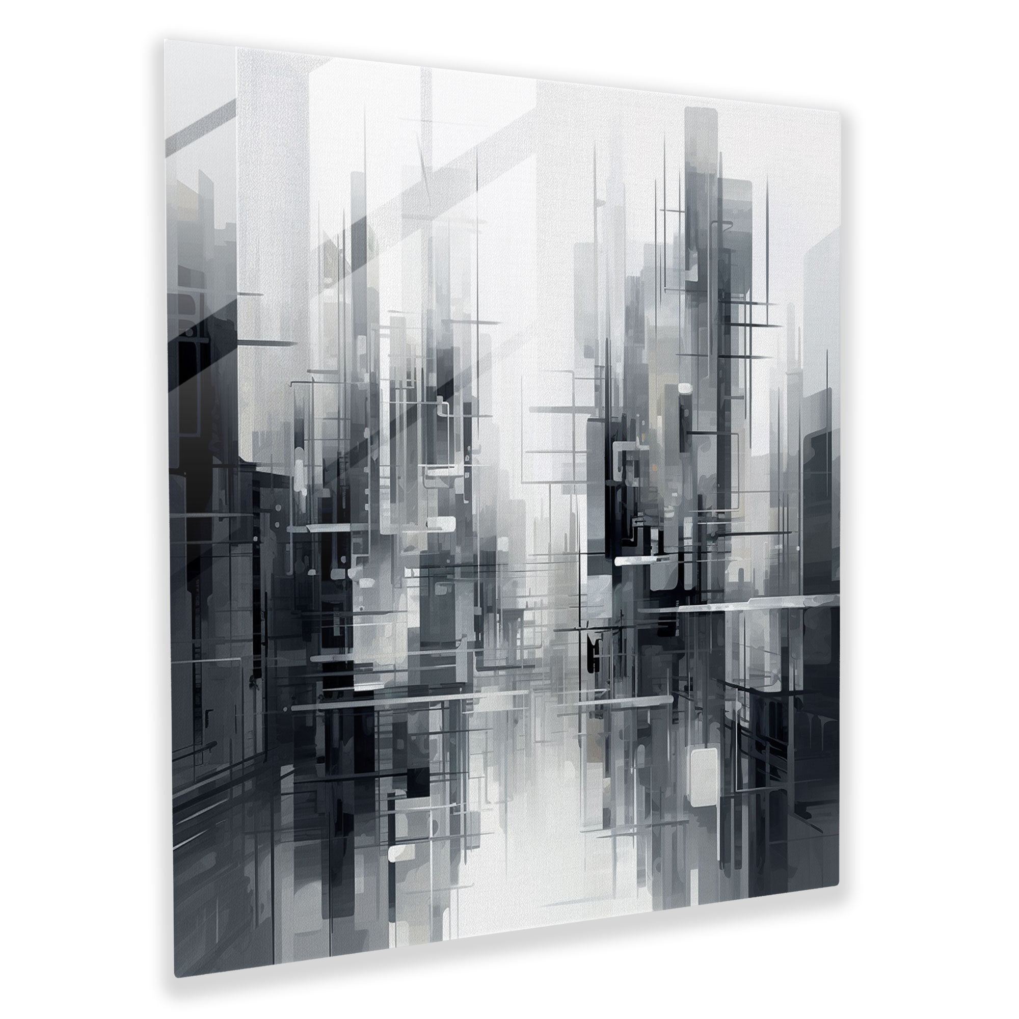 Gri Metropolis Cam Tablo - Modern Sanat Soyut Şehir Manzarası Gelecek Odaklı Sanat