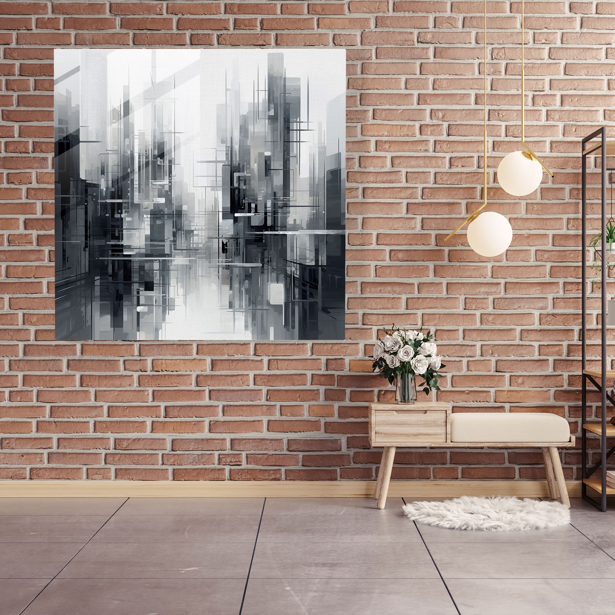 Gri Metropolis Cam Tablo - Modern Sanat Soyut Şehir Manzarası Gelecek Odaklı Sanat