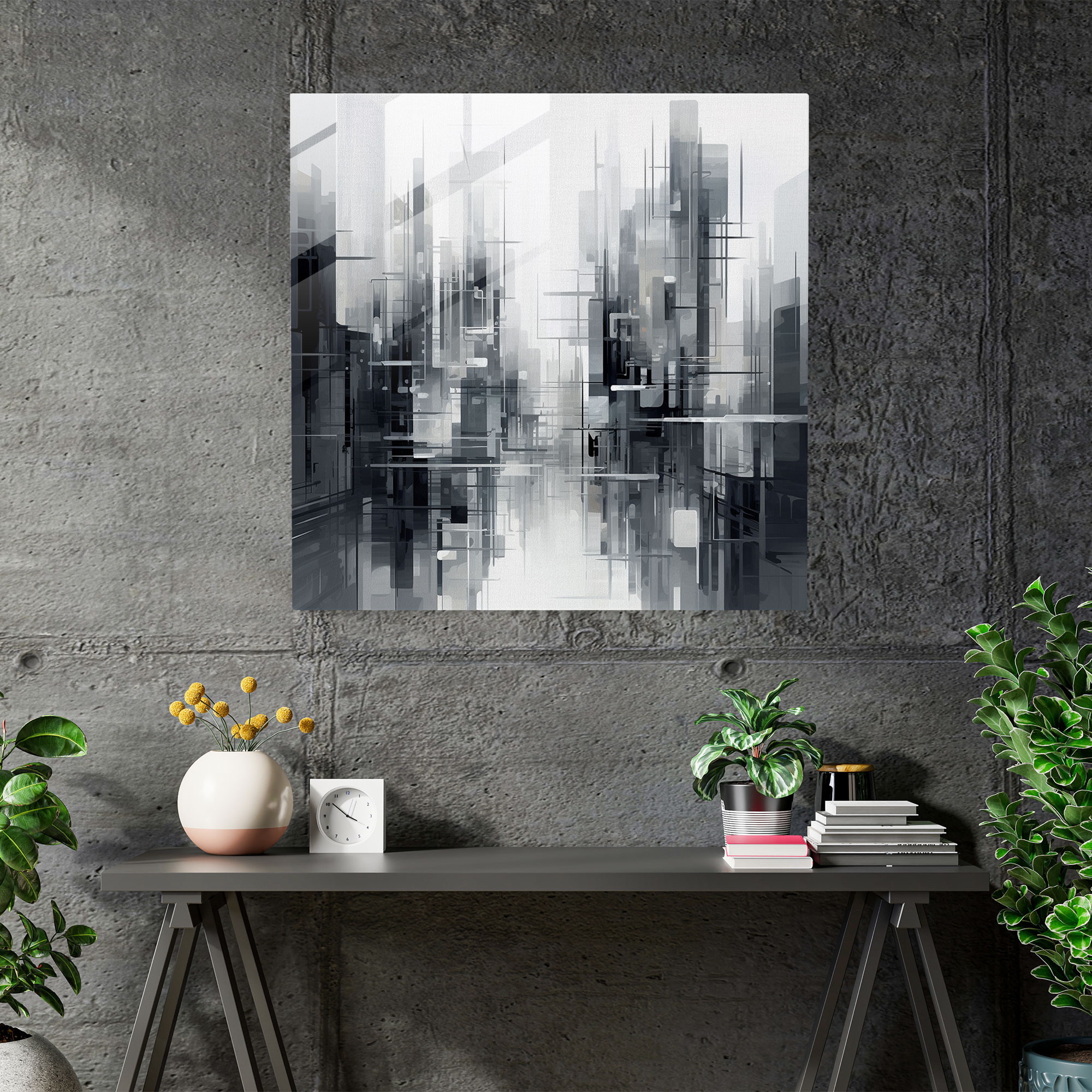 Gri Metropolis Cam Tablo - Modern Sanat Soyut Şehir Manzarası Gelecek Odaklı Sanat