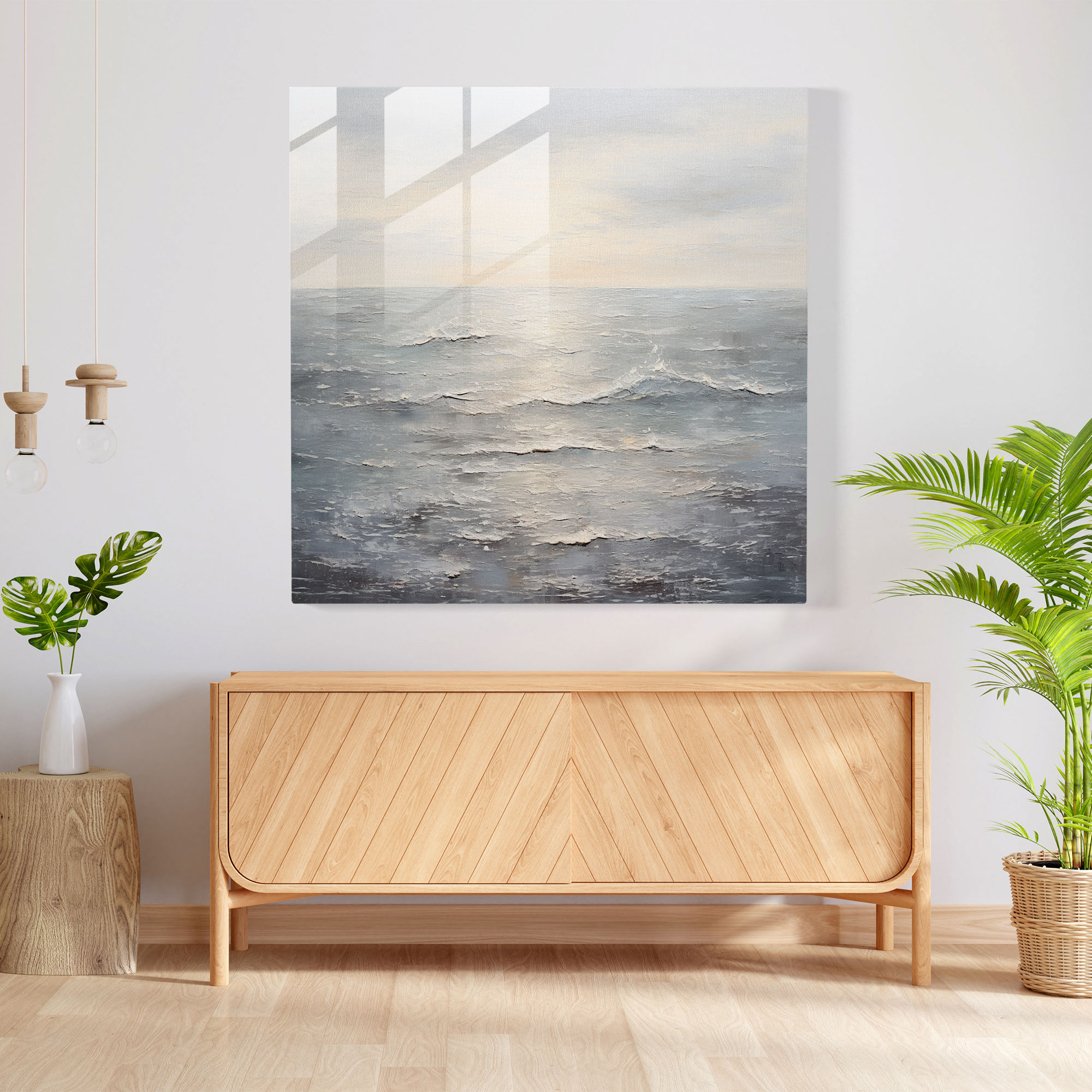 Gray Seascape Glass Print - Gray, Wall Decoration, Relaxation, Gray Theme