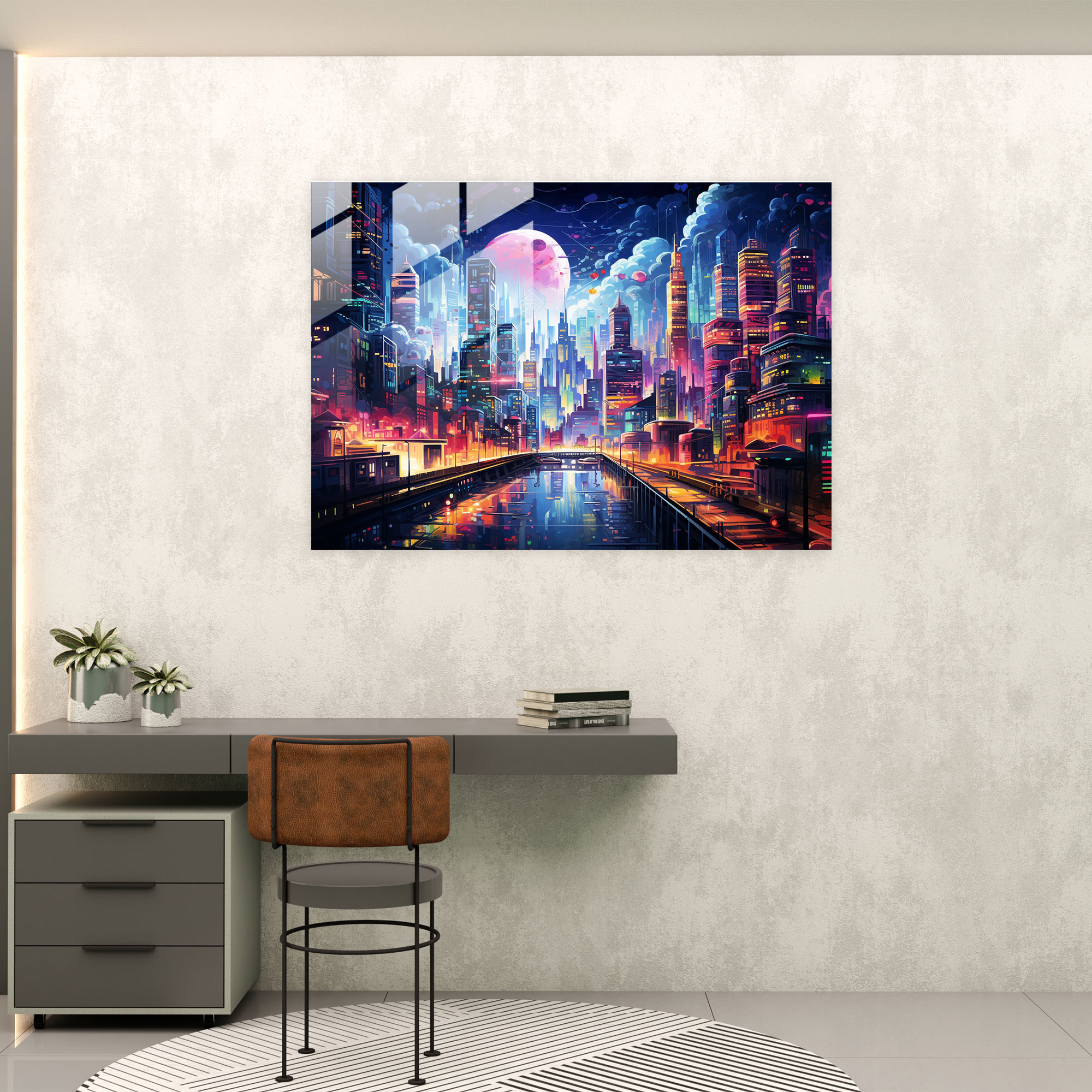 Urban Graffiti Glass Print - Futuristic Cityscape - Graffiti, Neon Lights, Modern Art, Wall Decoration
