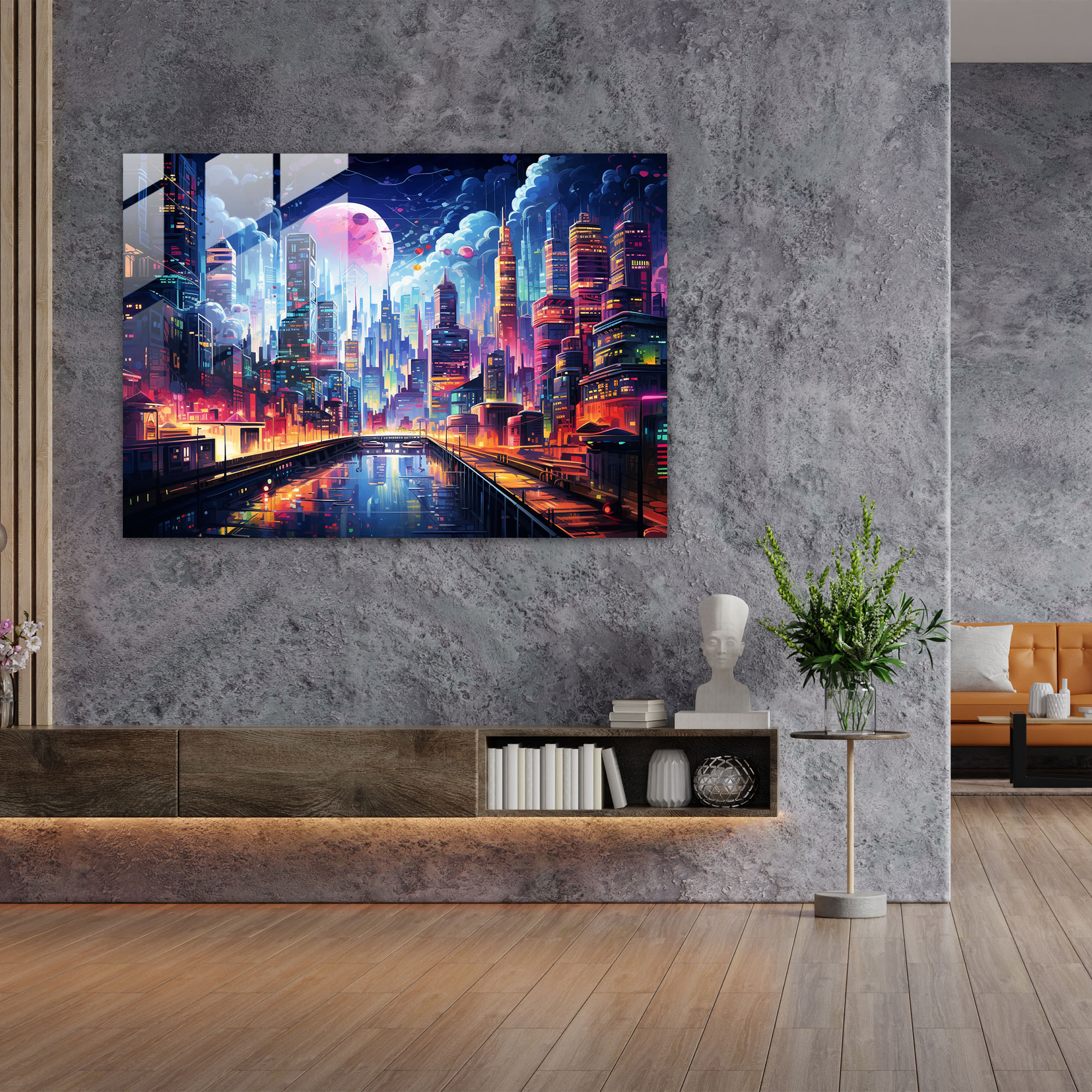 Urban Graffiti Glass Print - Futuristic Cityscape - Graffiti, Neon Lights, Modern Art, Wall Decoration
