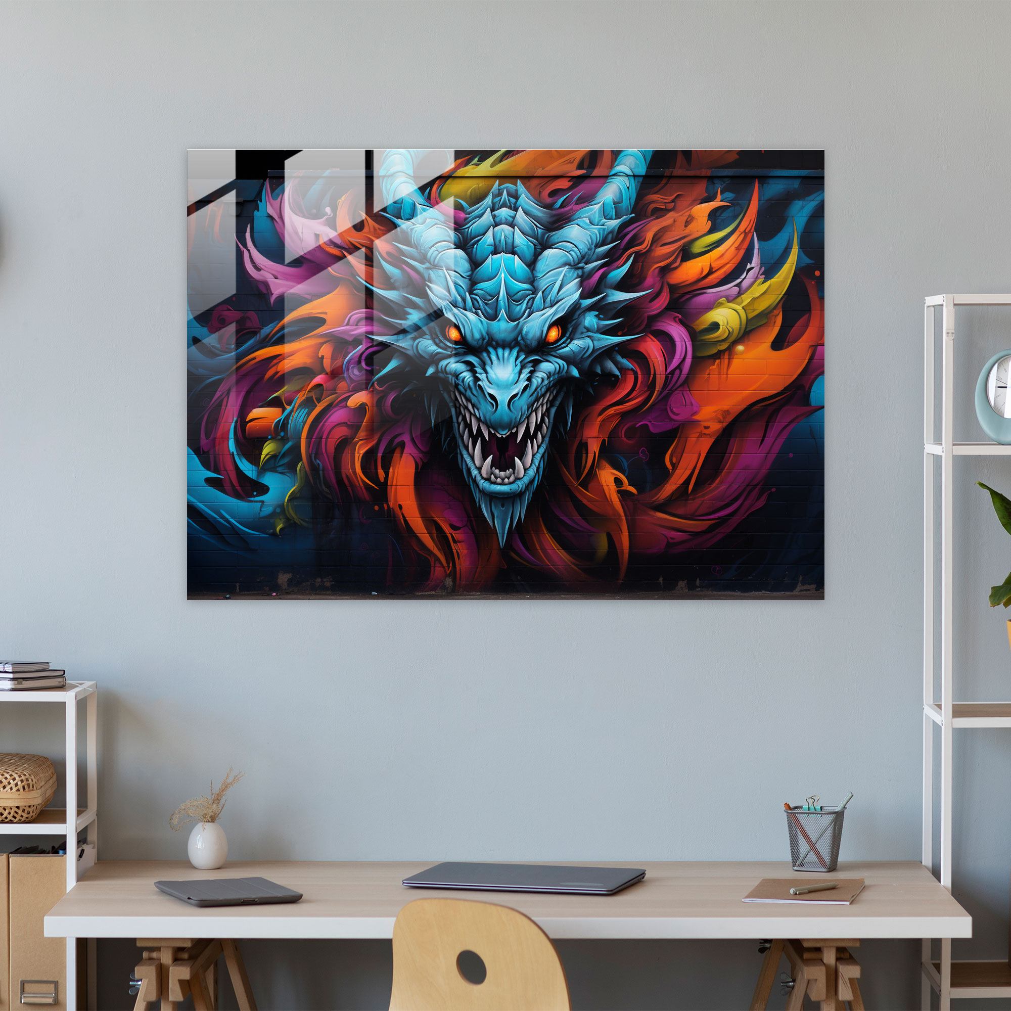 Graffiti Glass Print - Fierce Dragon Street Art - Graffiti, Fierce, Glass Print, Home Decoration