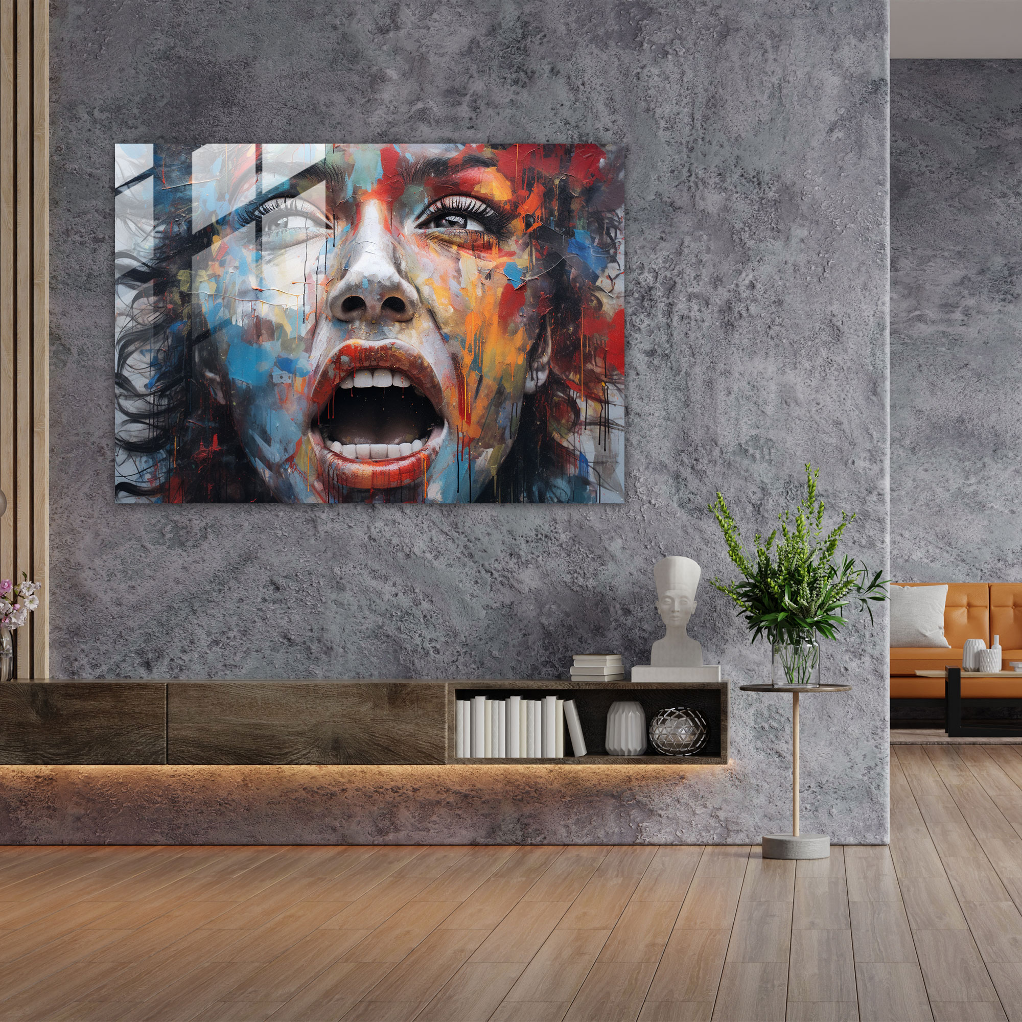 Graffiti Glass Wall Art - Expressive Portrait - Graffiti, Face, Intricately Spray-Painted, Home Decoration