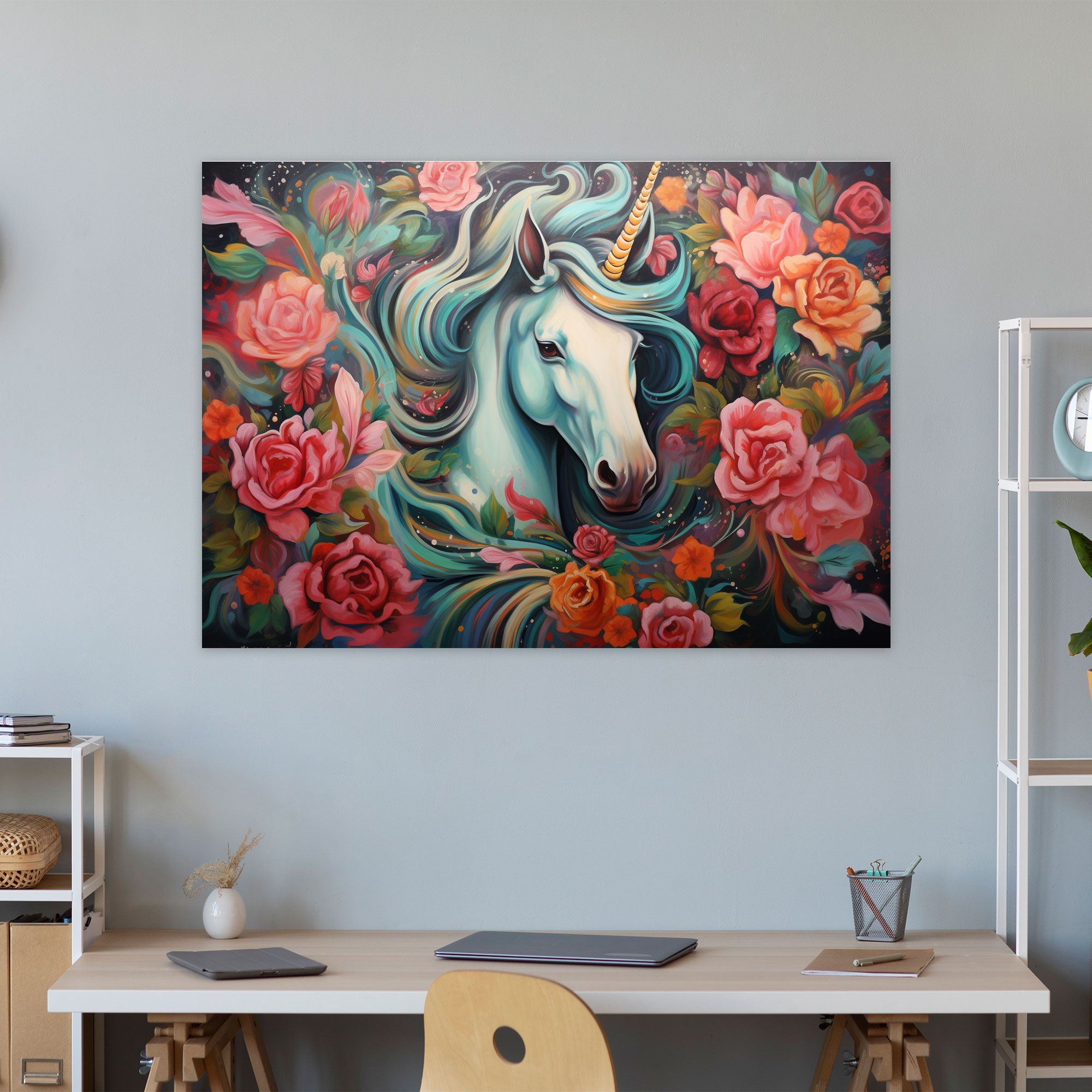 Majestic Unicorn Graffiti Canvas Print - Graffiti, Whimsical Flowers, Canvas Wall Art, Wall Decoration
