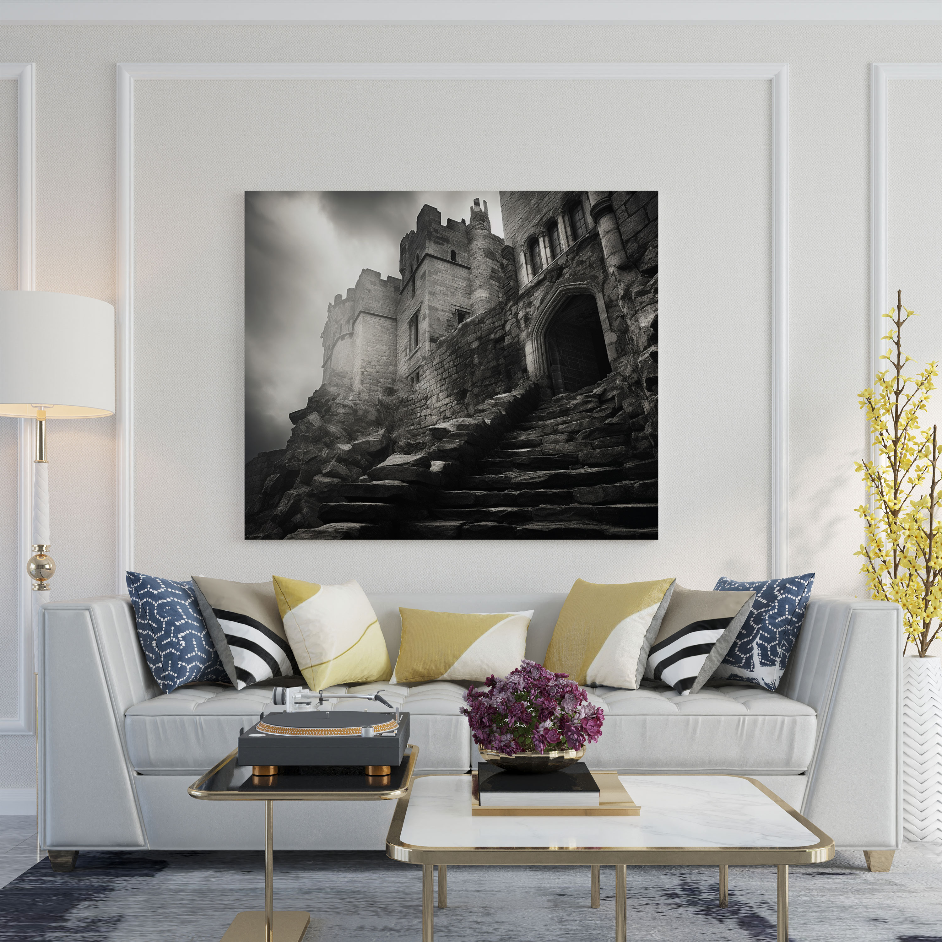 Gray Timeless Aura Wall Art - Gray, Ancient Castle, Canvas Print, Black And White