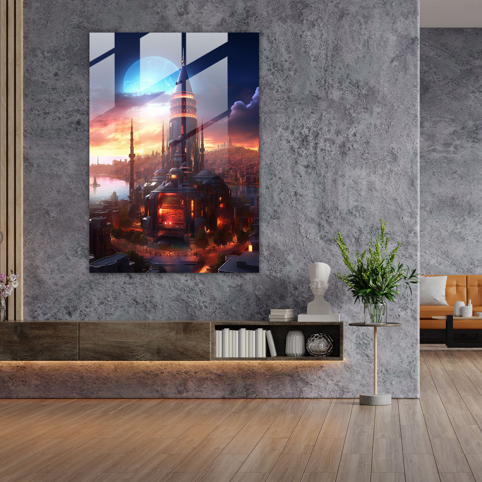 Galata Kulesi Duvar Dekorasyonu - Dijital Sanat Cam Tablo Teknolojik Gelişmiş Şehir Manzarası