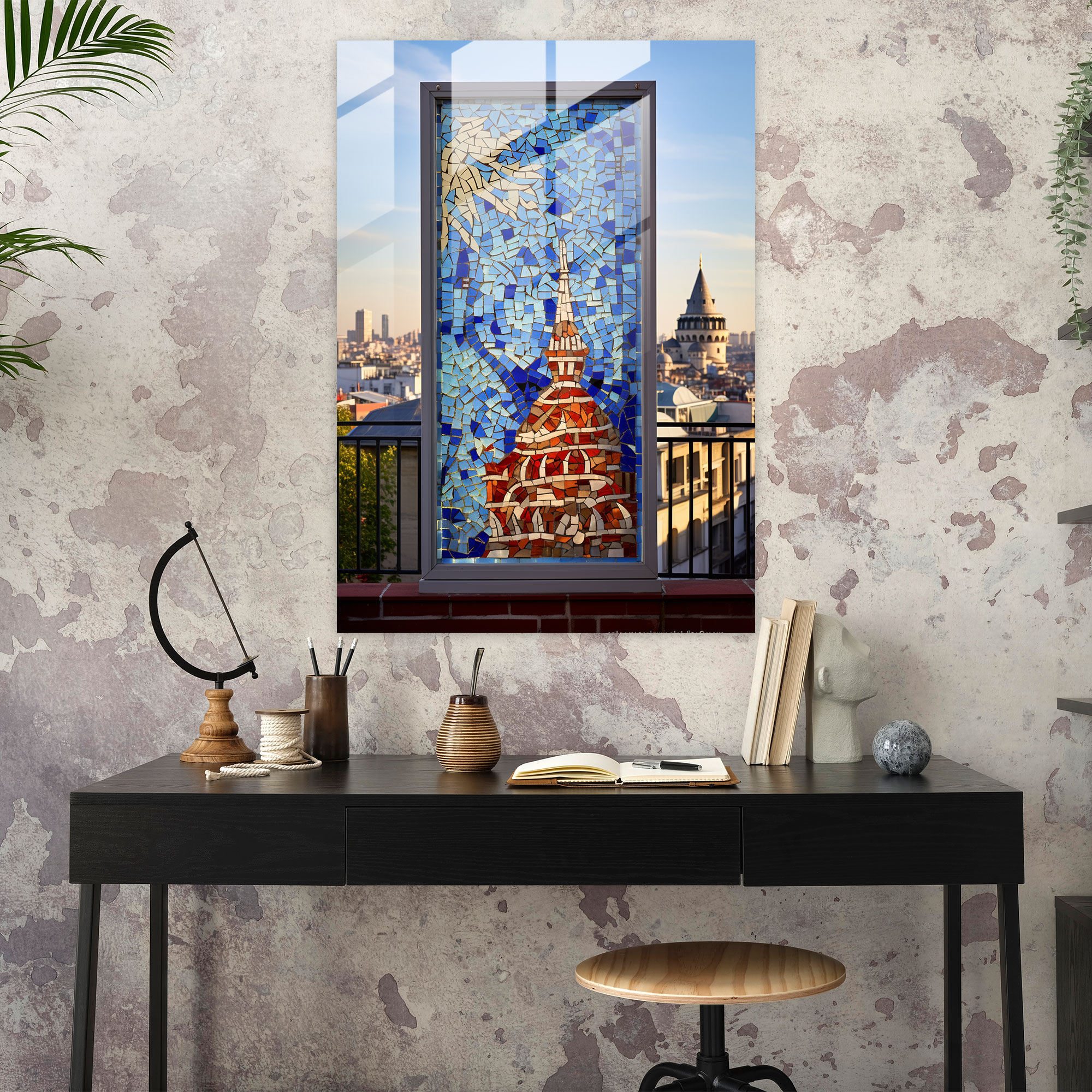 Mozaik Galata Kulesi Cam Duvar Sanatı - Galata Kulesi Duvar Dekorasyonu Modern Sanat Cam Sanatı
